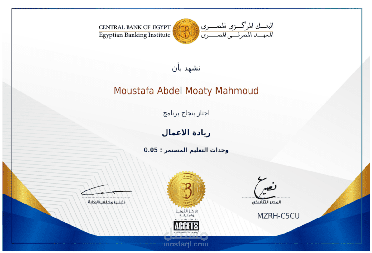 شهادة ريادة الأعمال من البنك المركزي المصري