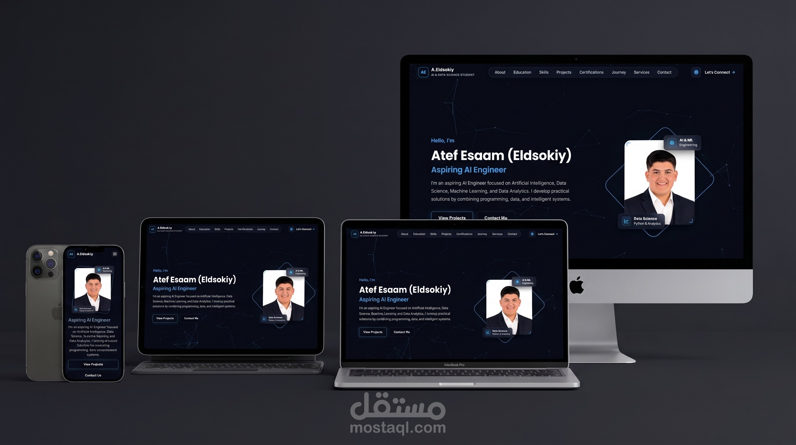 تصميم وتطوير موقع شخصي (Portfolio) متجاوب لعرض الأعمال والمشاريع التقنية.
