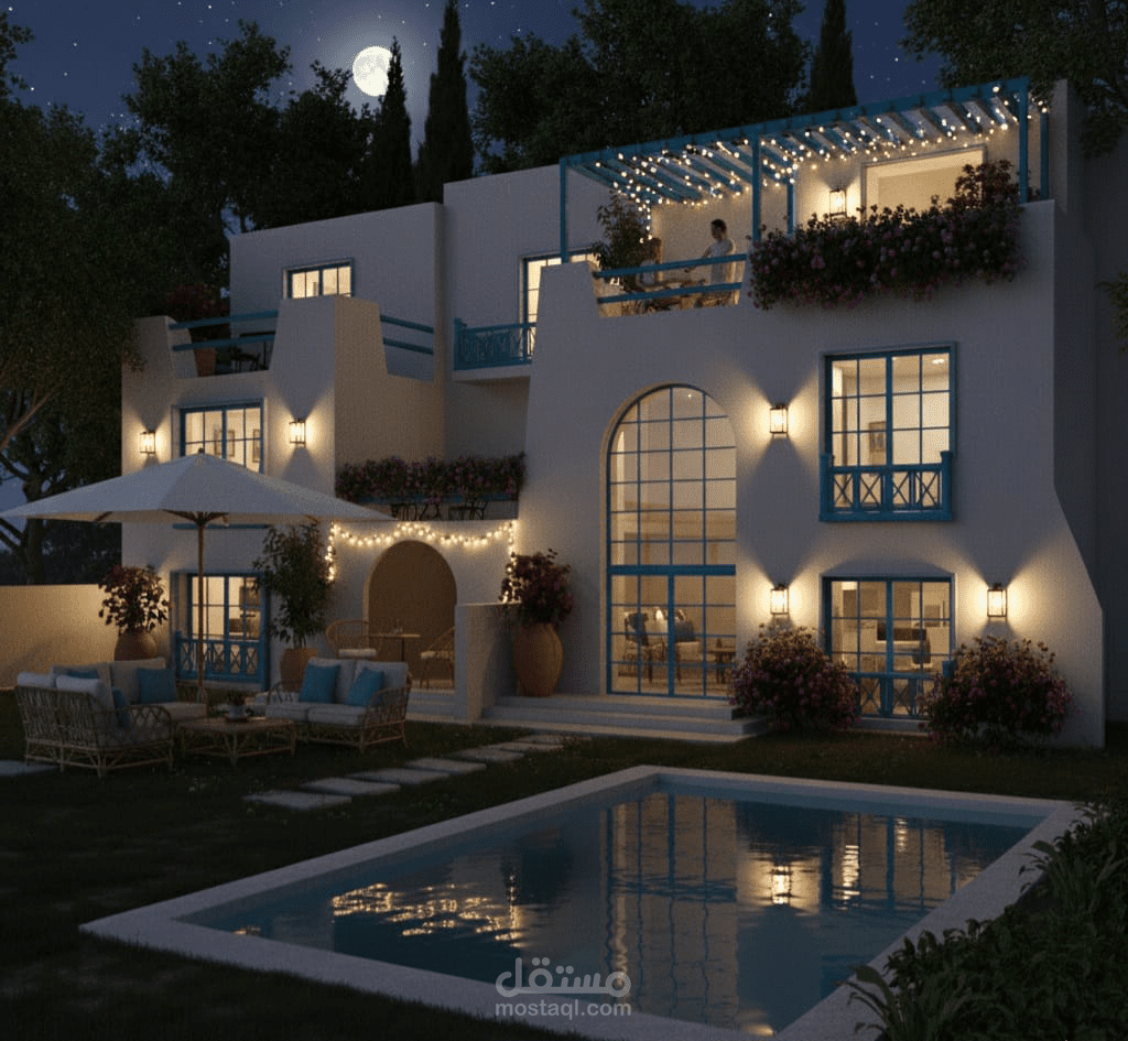 تصميم فيلا سكنية على طراز "سانتوريني" (معماري، داخلي، ولاندسكيب)