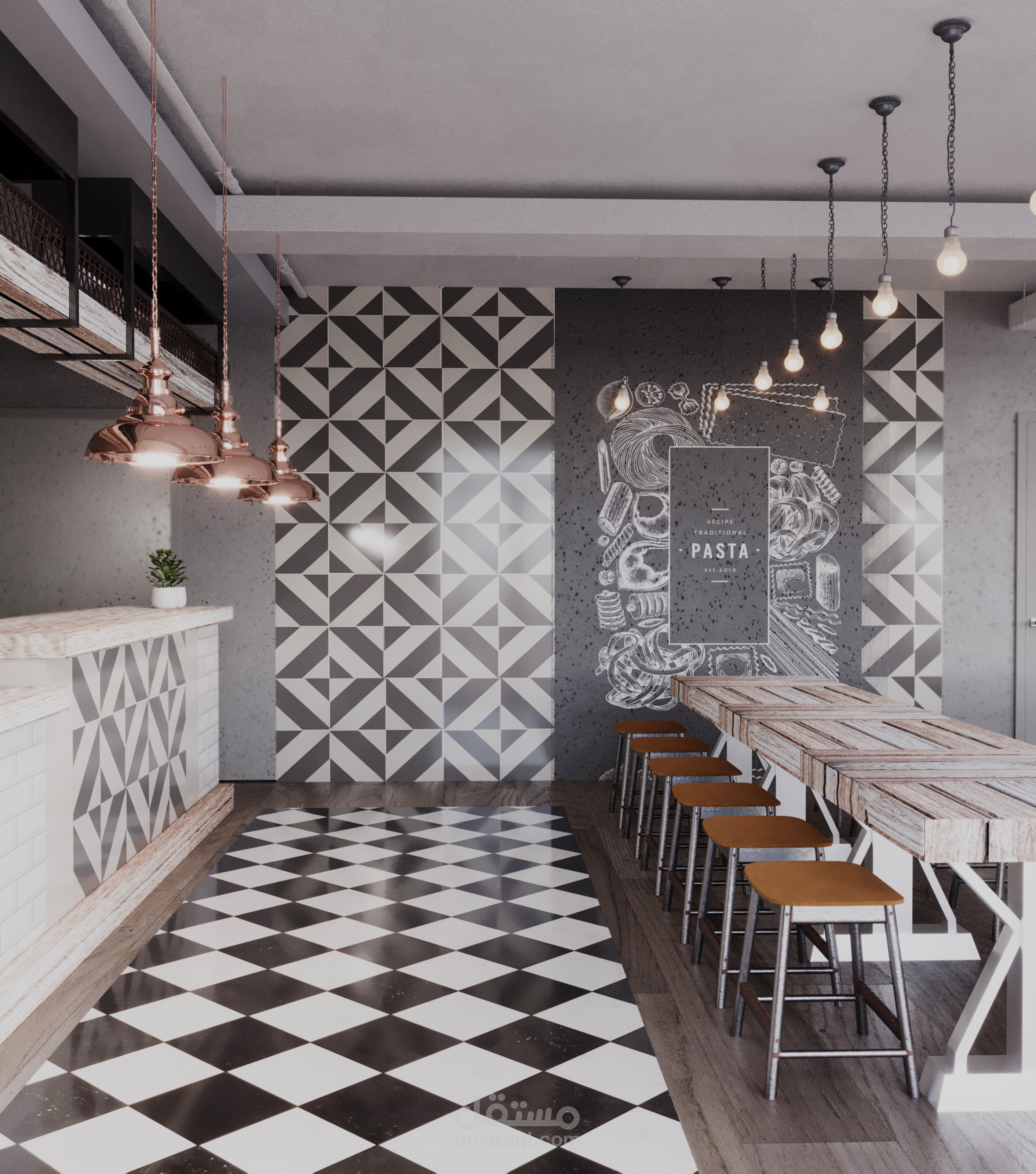 Pasta Restaurant light Industrial Interior Design
