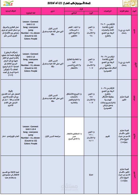 خطة أسبوعية