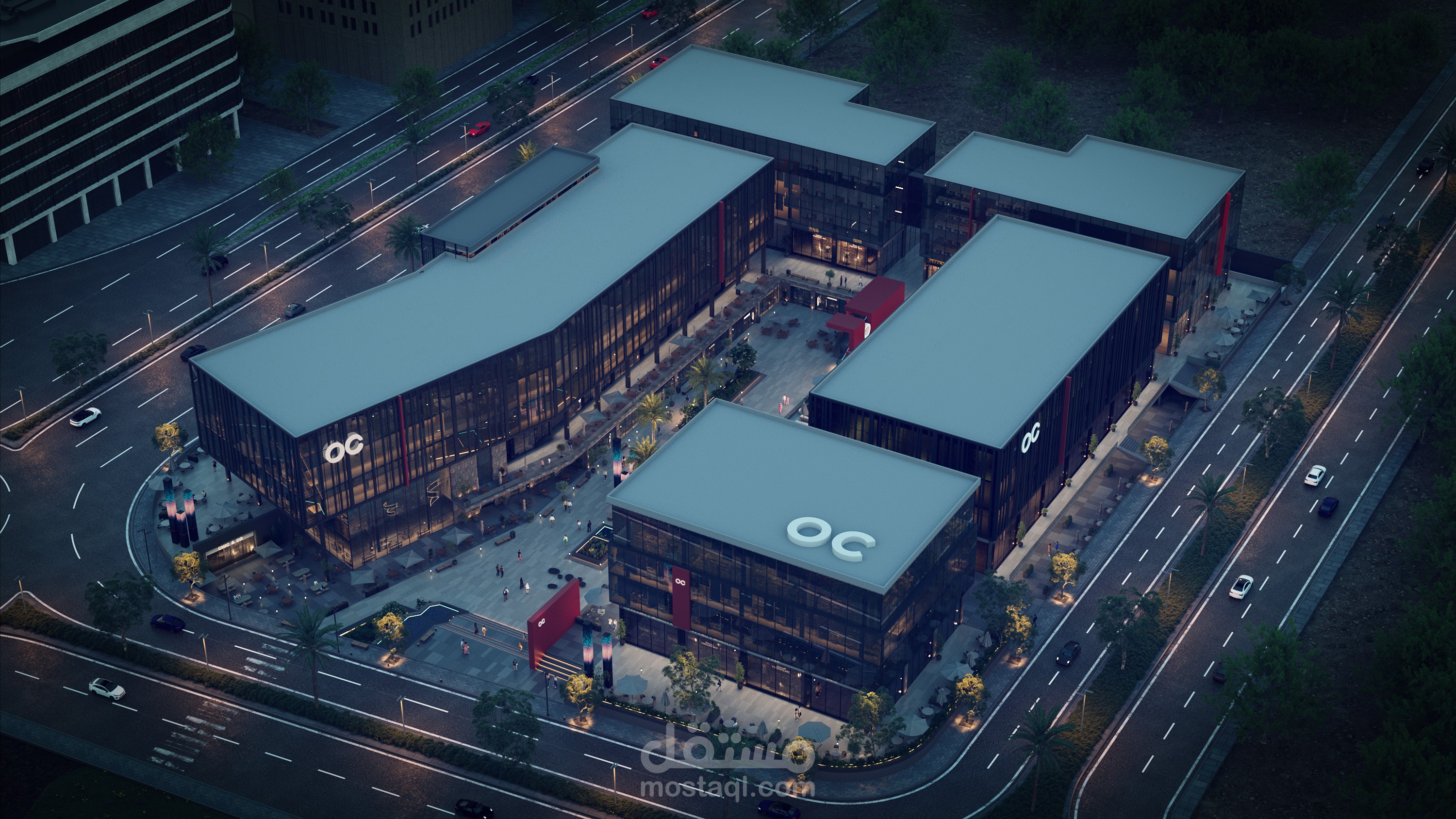 إظهار معماري جوي لمجمع تجاري متكامل  Aerial 3D Commercial Real Estate CGI