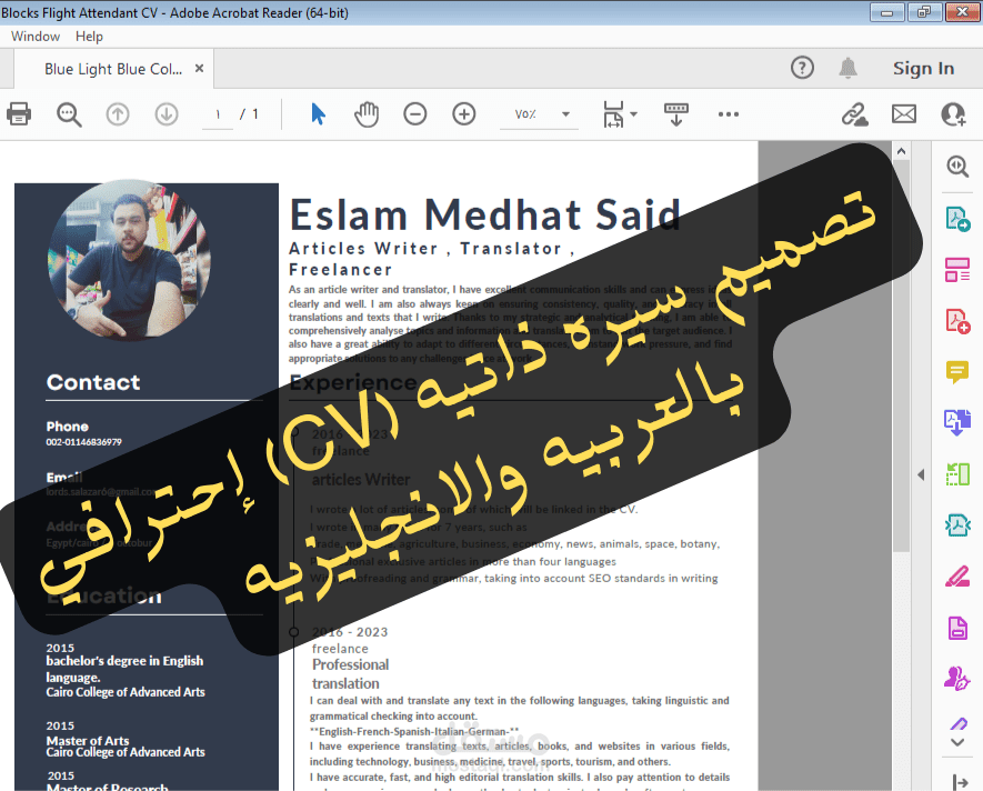 تصميم سيره ذاتيه (CV) باللغتين العربيه والانجليزيه والقالب من اختيارك
