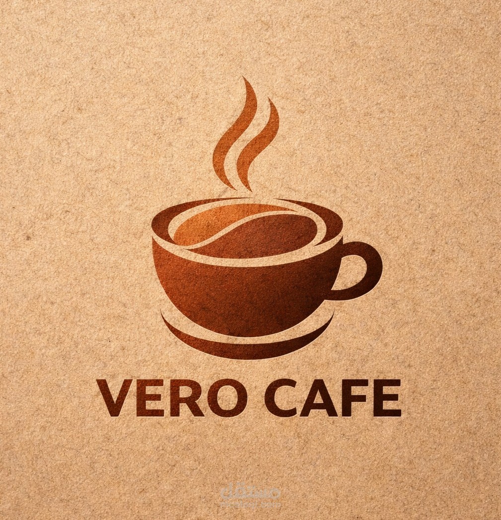 شعار مقهى "VERO CAFE" عصري وحيوي، يظهر فنجان قهوة بخطوط سلسة وبخار يتصاعد على شكل خطوط منحنية، الألوان الدافئة تعكس جو المقهى وتلفت الانتباه للعملاء.