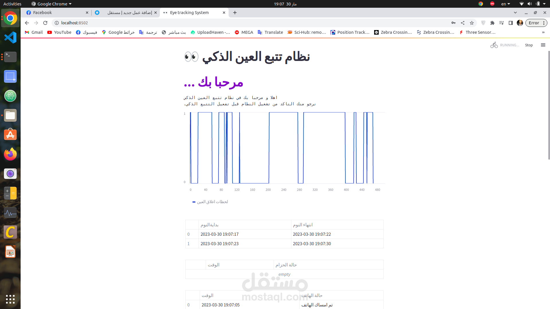 نظام تتبع العين و حزام الامان و الهاتف الجوال و عرض البيانات علي dashboard مرفوع علي website مع الانذار.