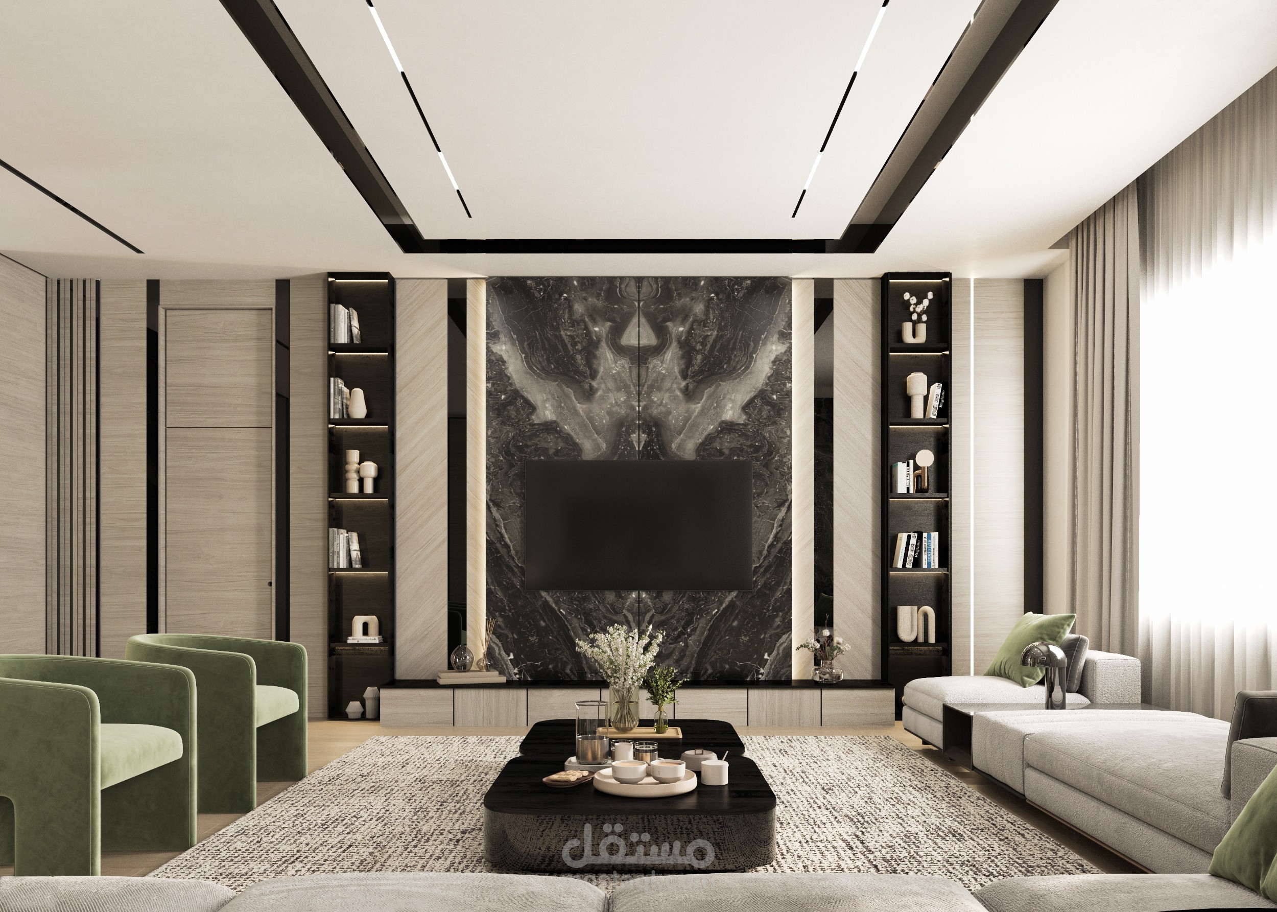 تصميم لغرفة معيشة مع مطبخ في دبي تصميم