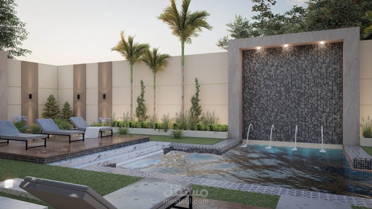 تصميم مسبح وحديقة خلفية لمنزل