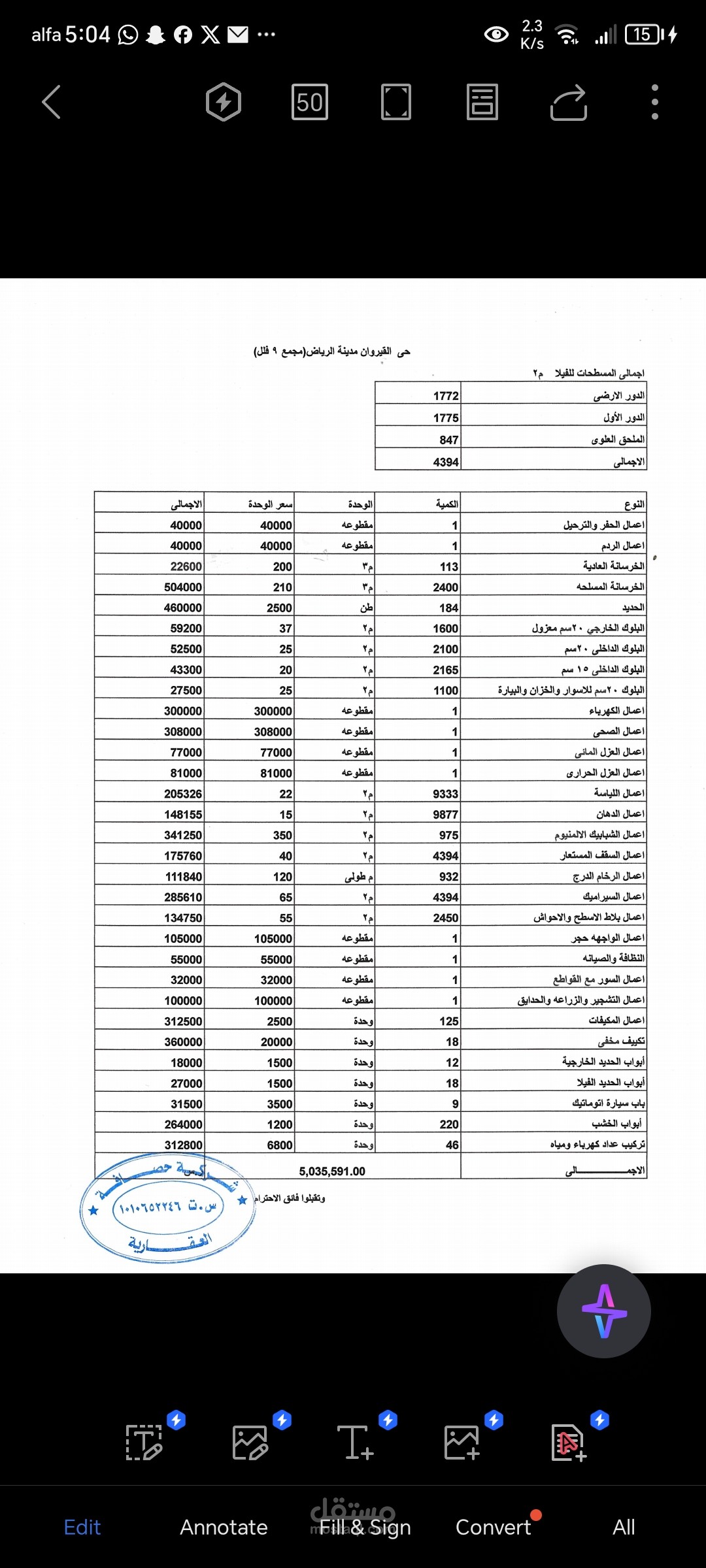 جدول كميات
