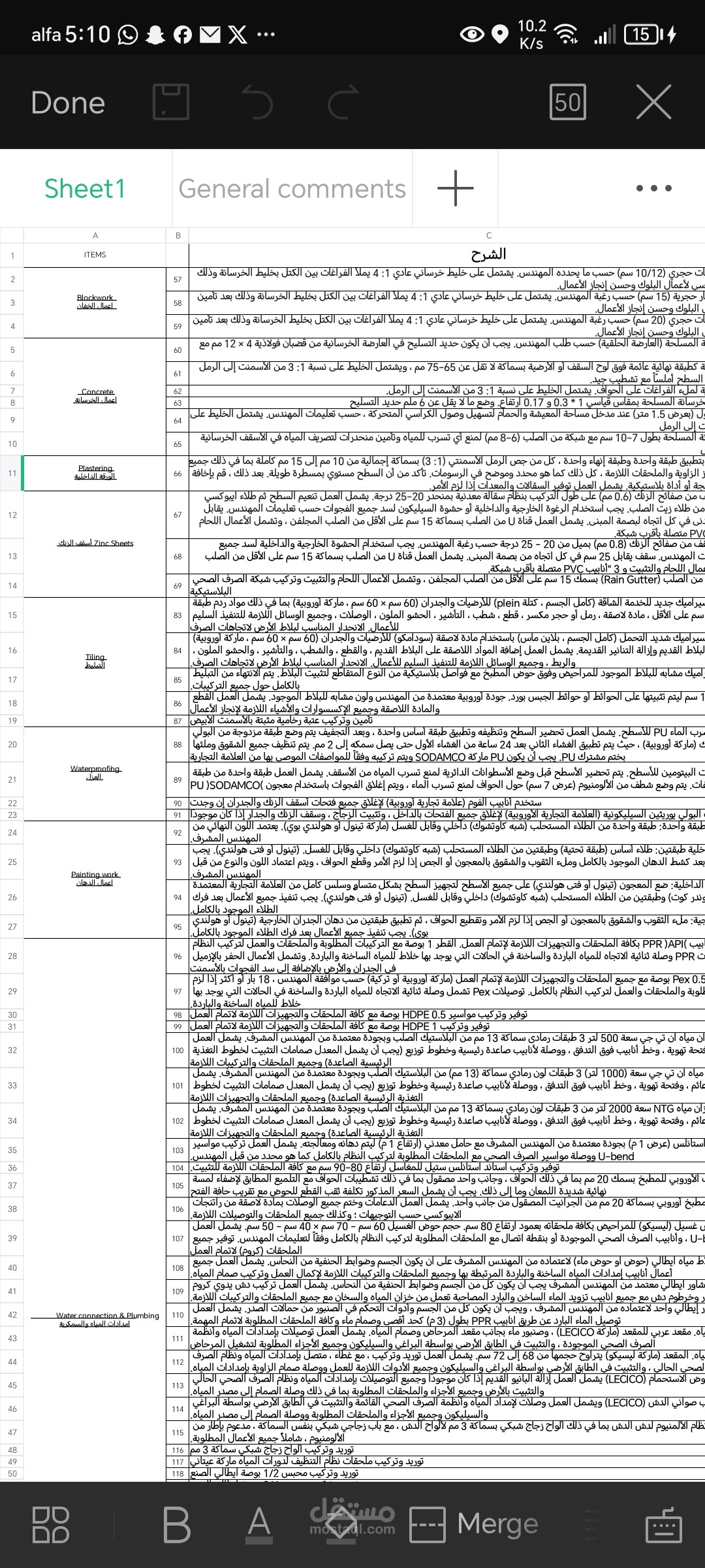 جدول الكميات والاسعار