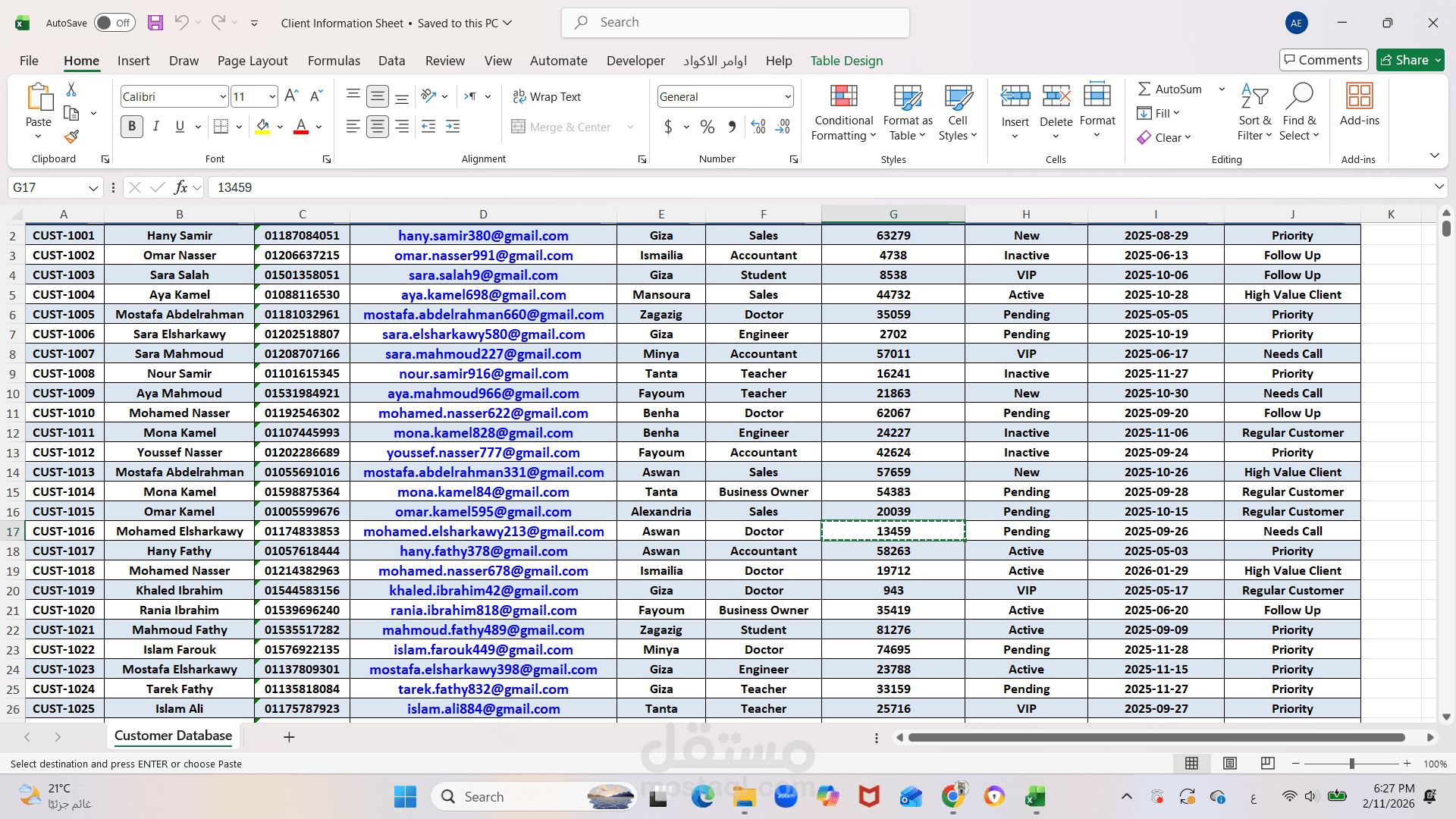 مشروع إدخال وتنظيم بيانات العملاء في ملف Excel احترافي