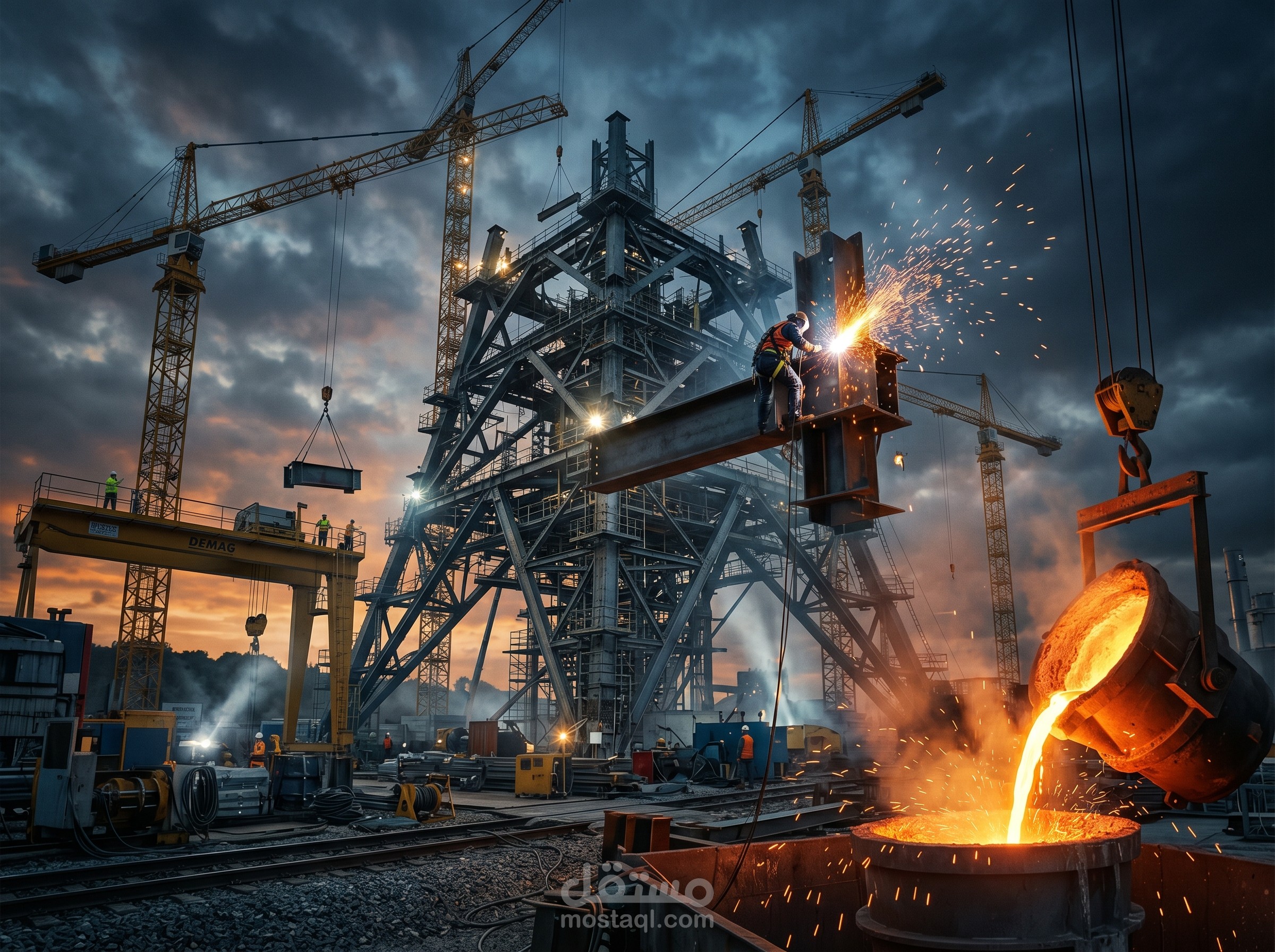 إنتاج فيديو إعلاني واقعي بتعليق صوتي كامل باستخدام الذكاء الاصطناعي لشركة مقاولات وصناعة الحديد