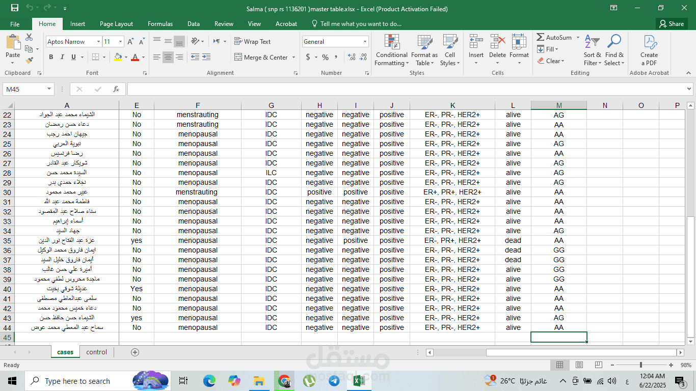 عمل excel sheet لرسالة ماجستير