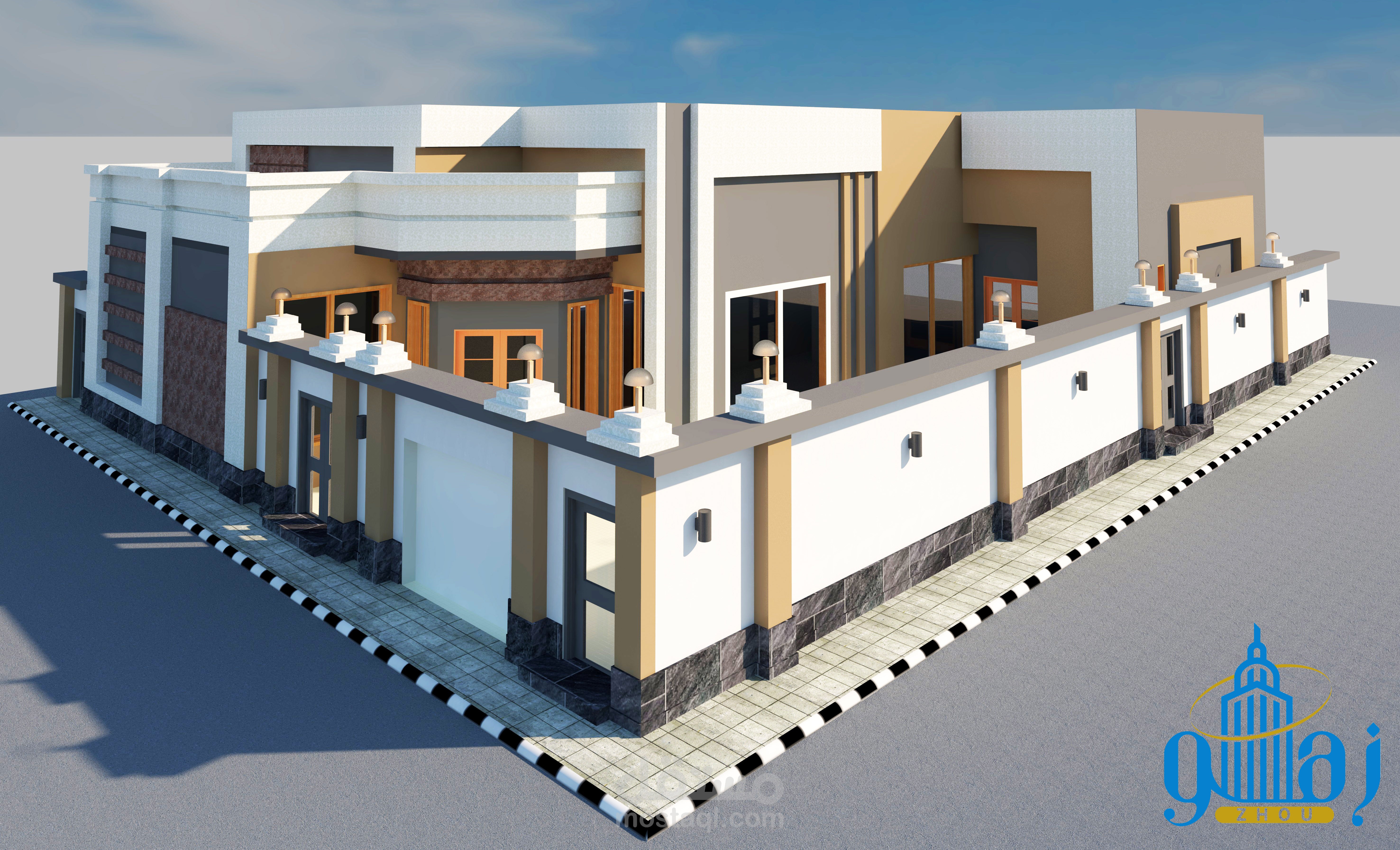 تصميم واجهات خارجية لبيت طابق ارضي مع تاسيس للطابق الاول