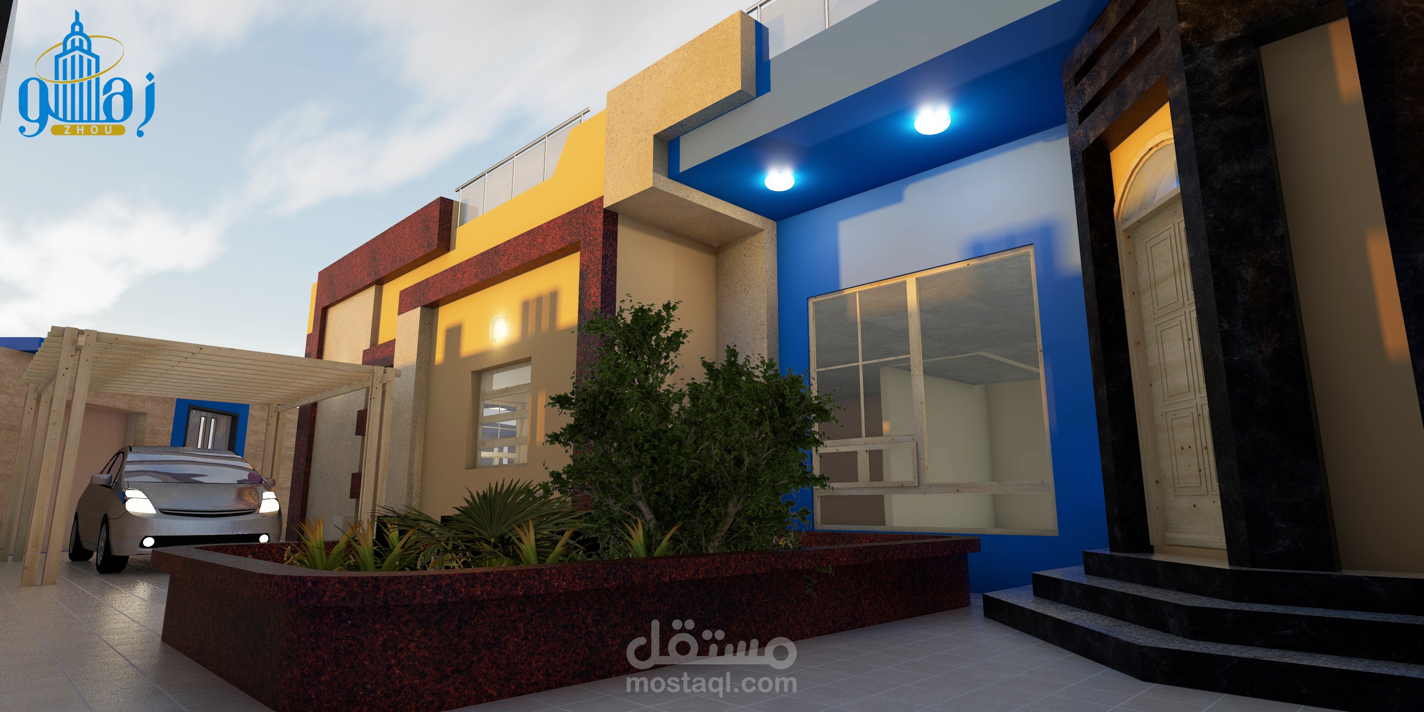 تصميم واجهات خارجية لبيت من دور ارضي مع ملحق ارضي