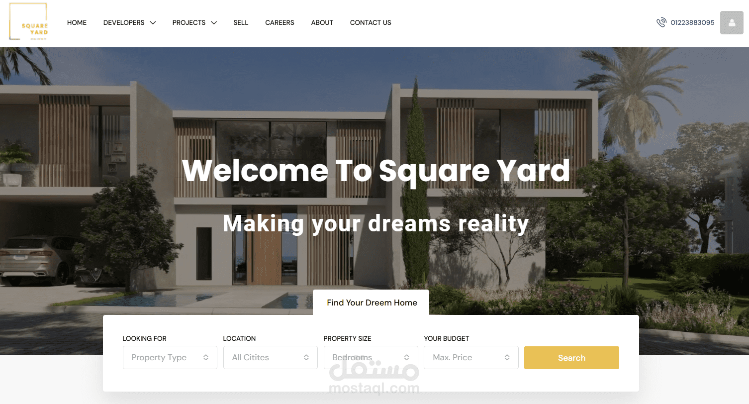 انشاء وتصميم موقع احترافى لشركة Real Estate Agency يمكنك من اضافة العقارات المتاحة بالاضافة الى المشاريع الخاصة بالمطورين العقاريين