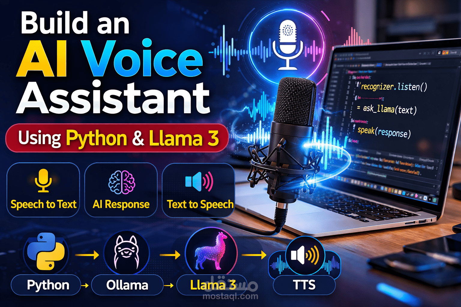 تطوير AI Voice Assistant (تحويل صوت إلى نص + ذكاء اصطناعي + صوت)