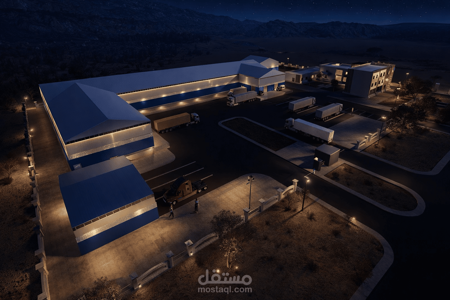 تصميم معماري متكامل لمصنع ألمنيوم مع مبنى إداري وخدمات