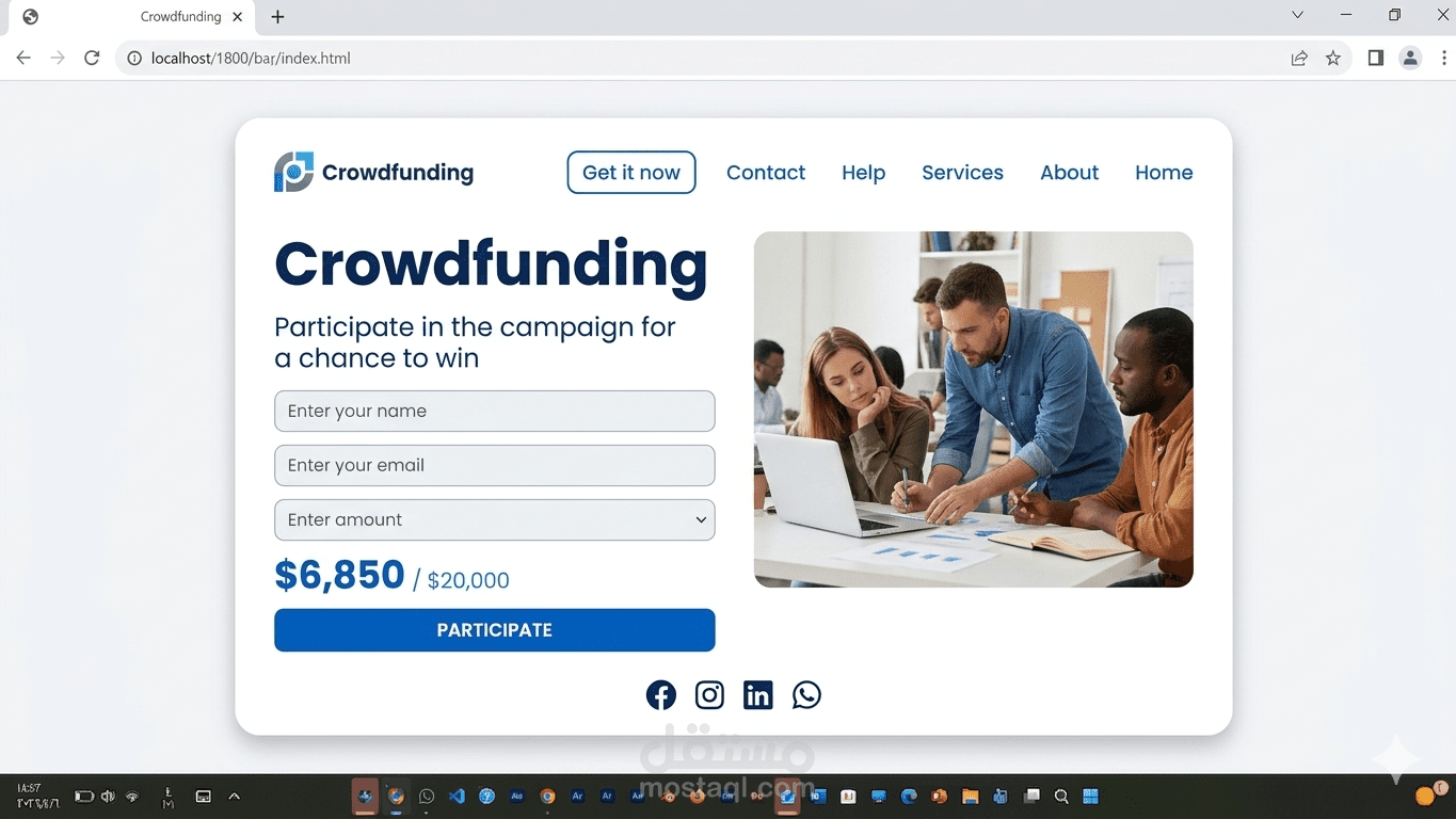 تصميم وبرمجة واجهة صفحة هبوط (Landing Page) لمنصة تمويل جماعي - Crowdfunding