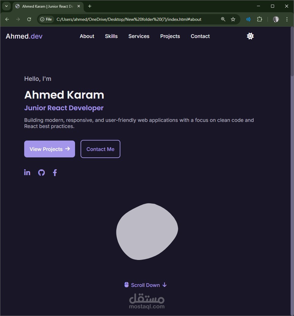 تصميم وبرمجة موقع Portfolio لمطور Frontend باستخدام React