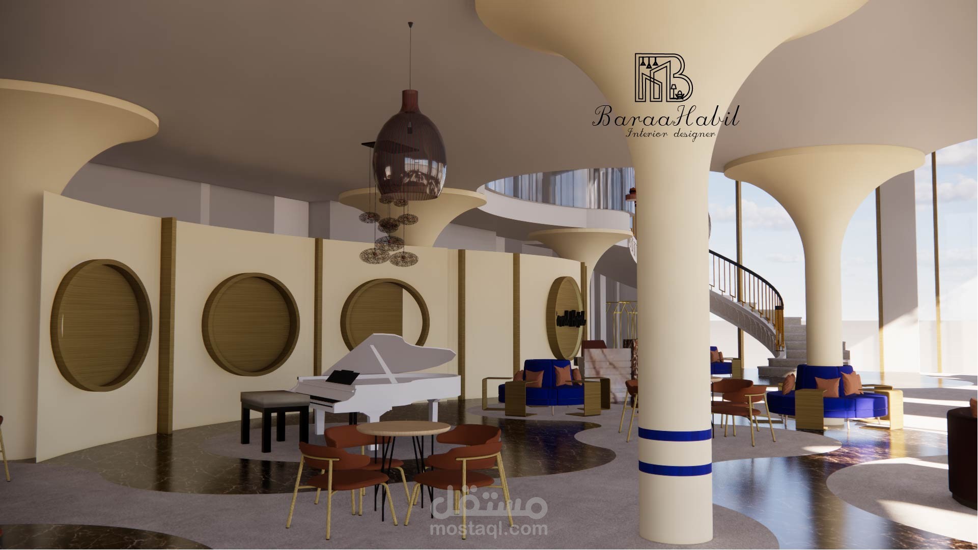 Hotel lobby design ( Coral Hotel ) - تصميم بهو فندق ( المرجان )  بستيل مودرن .