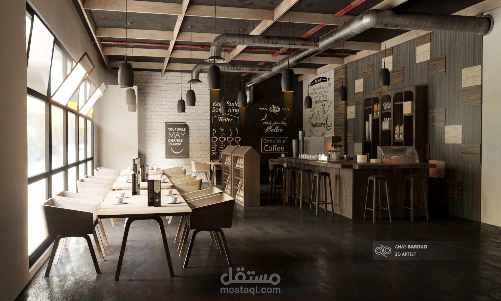 تصميم داخلي واقعي للمقهى مطعم 3D