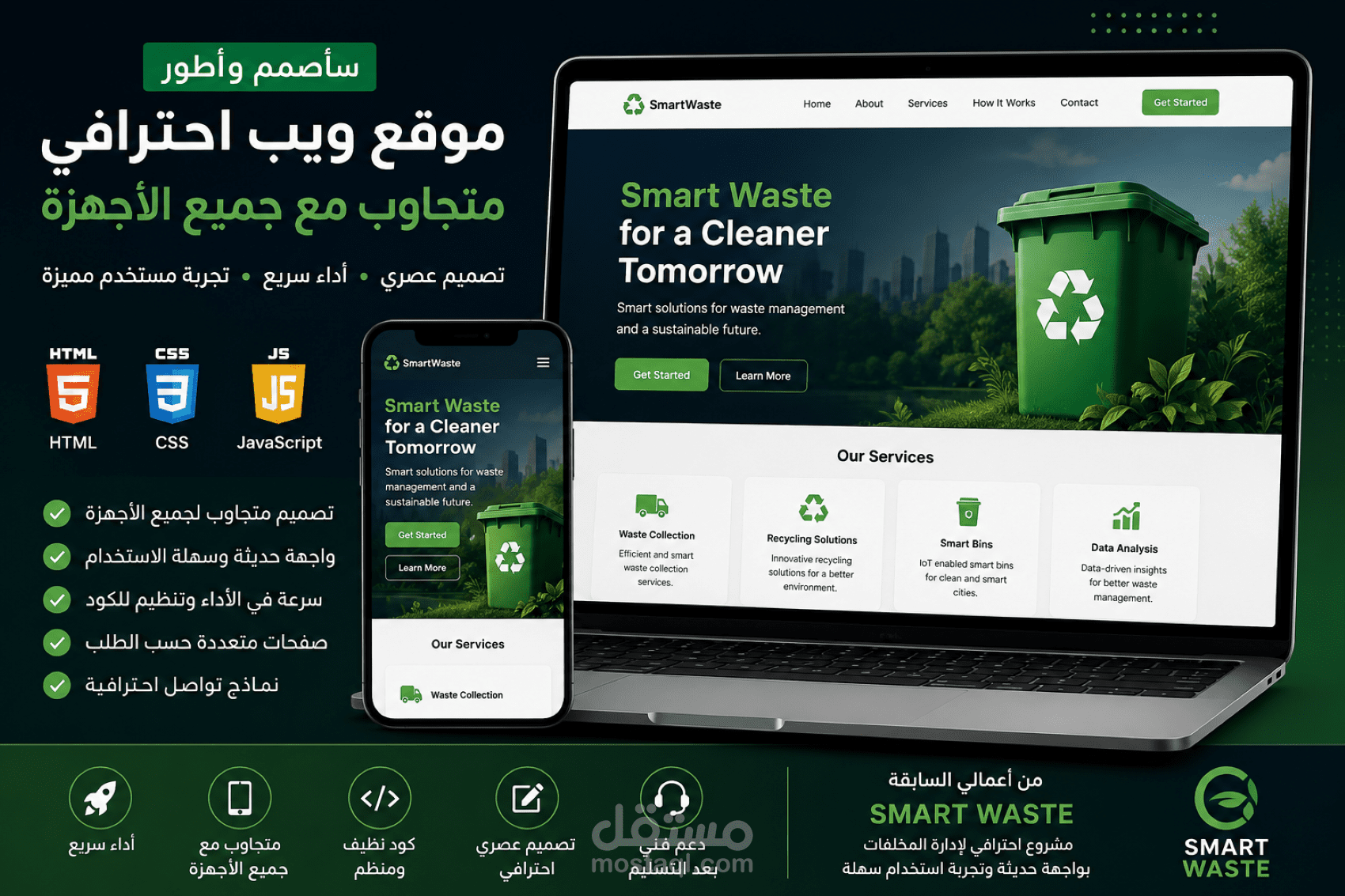 سأصمم وأطور موقع ويب احترافي متجاوب باستخدام HTML وCSS وJavaScript
