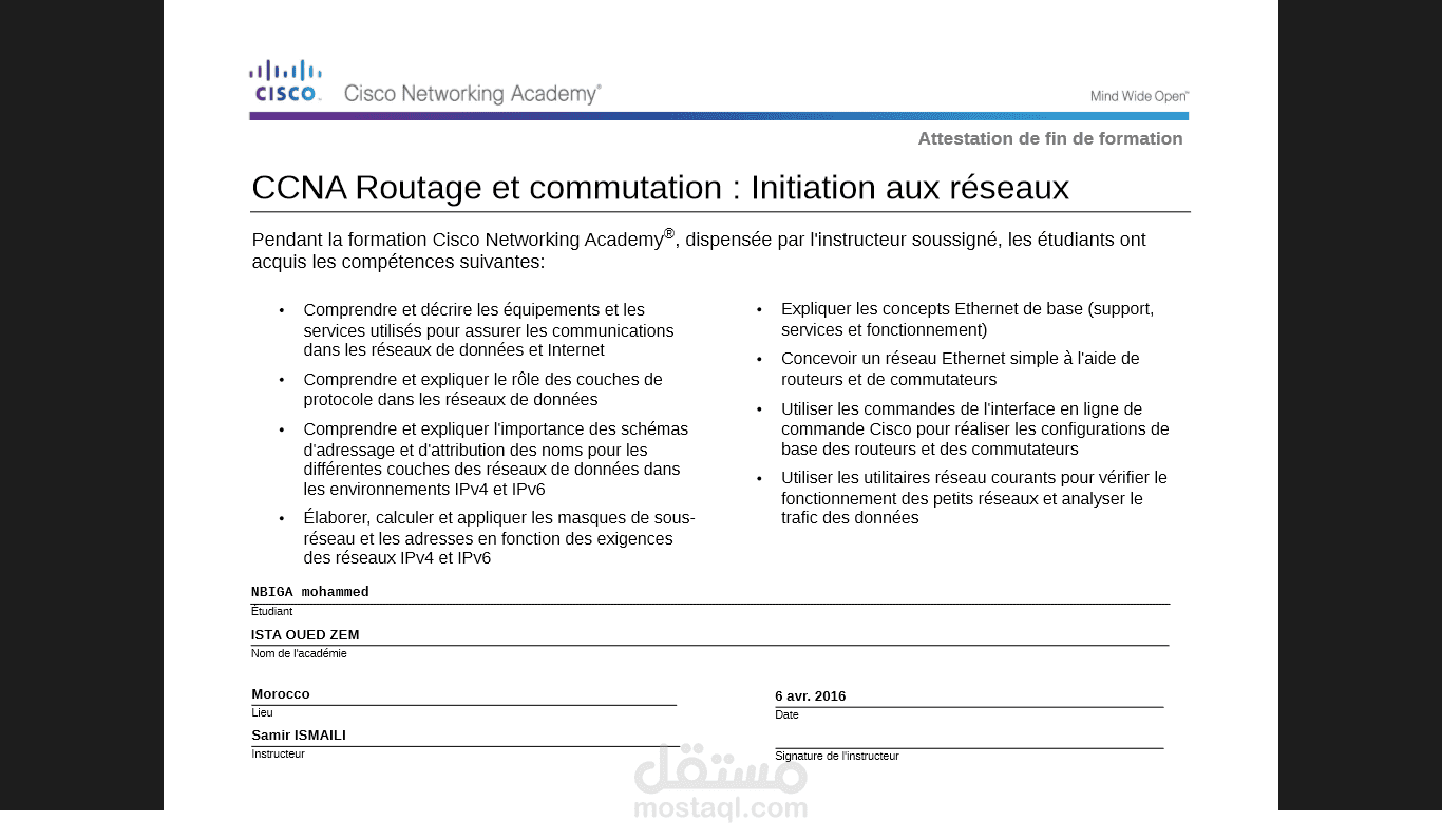 شهادة                CCNA Routage et Commutation : Initiation aux réseaux