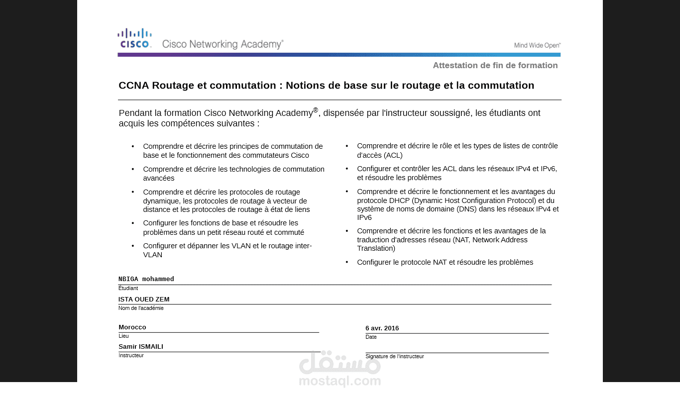شهادة                   CCNA Routage et Commutation : Notion de basse sur le routage et la commutation