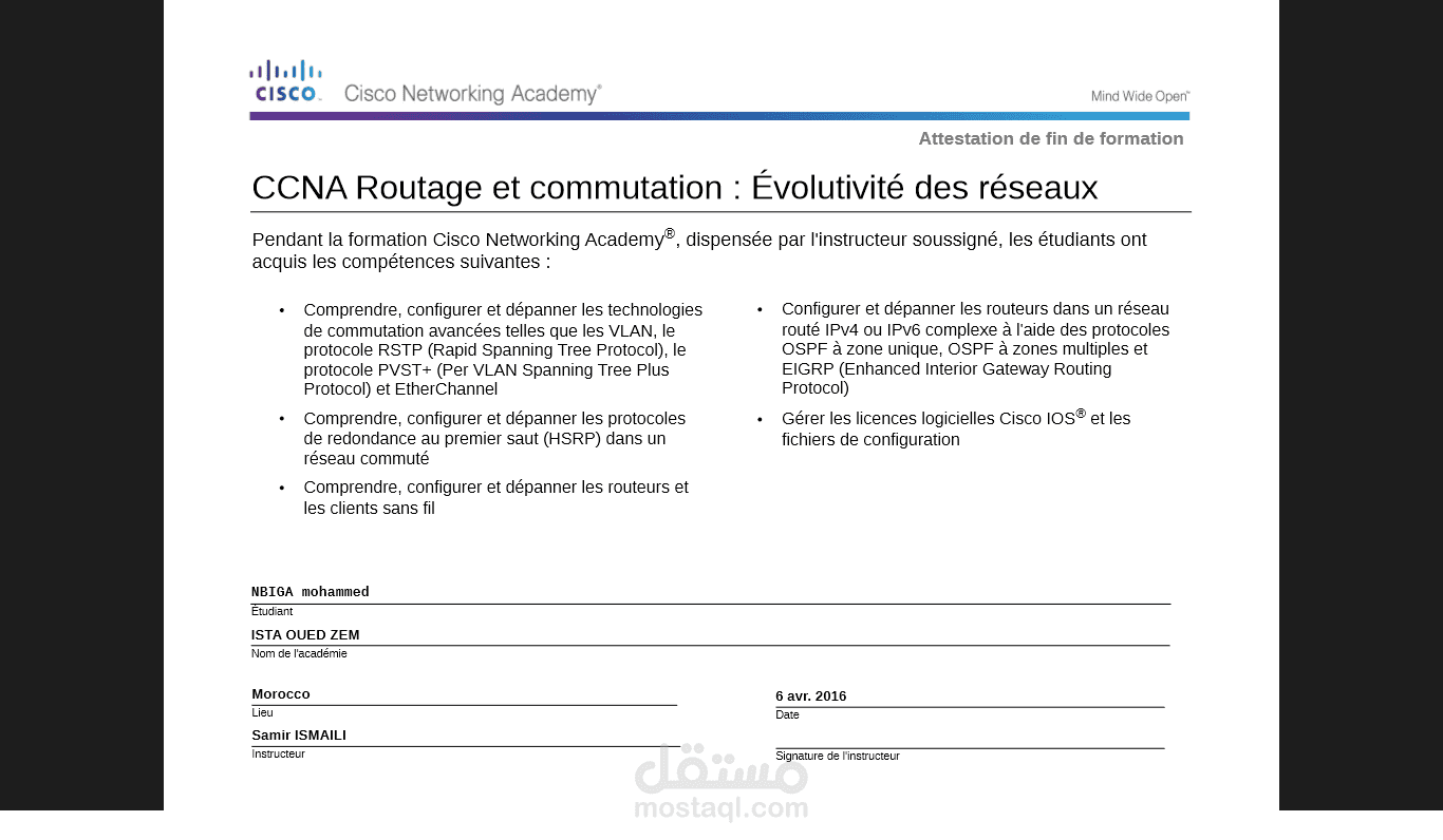 شهادة                CCNA Routage et Commutation : Evolutivié des réseaux