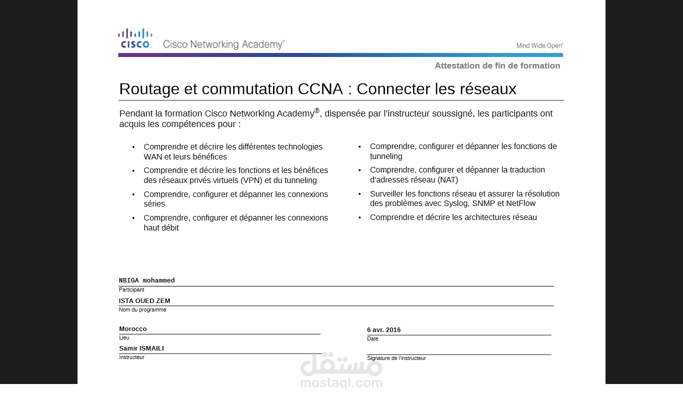 شهادة                CCNA Routage et Commutation : Connecter les réseaux -