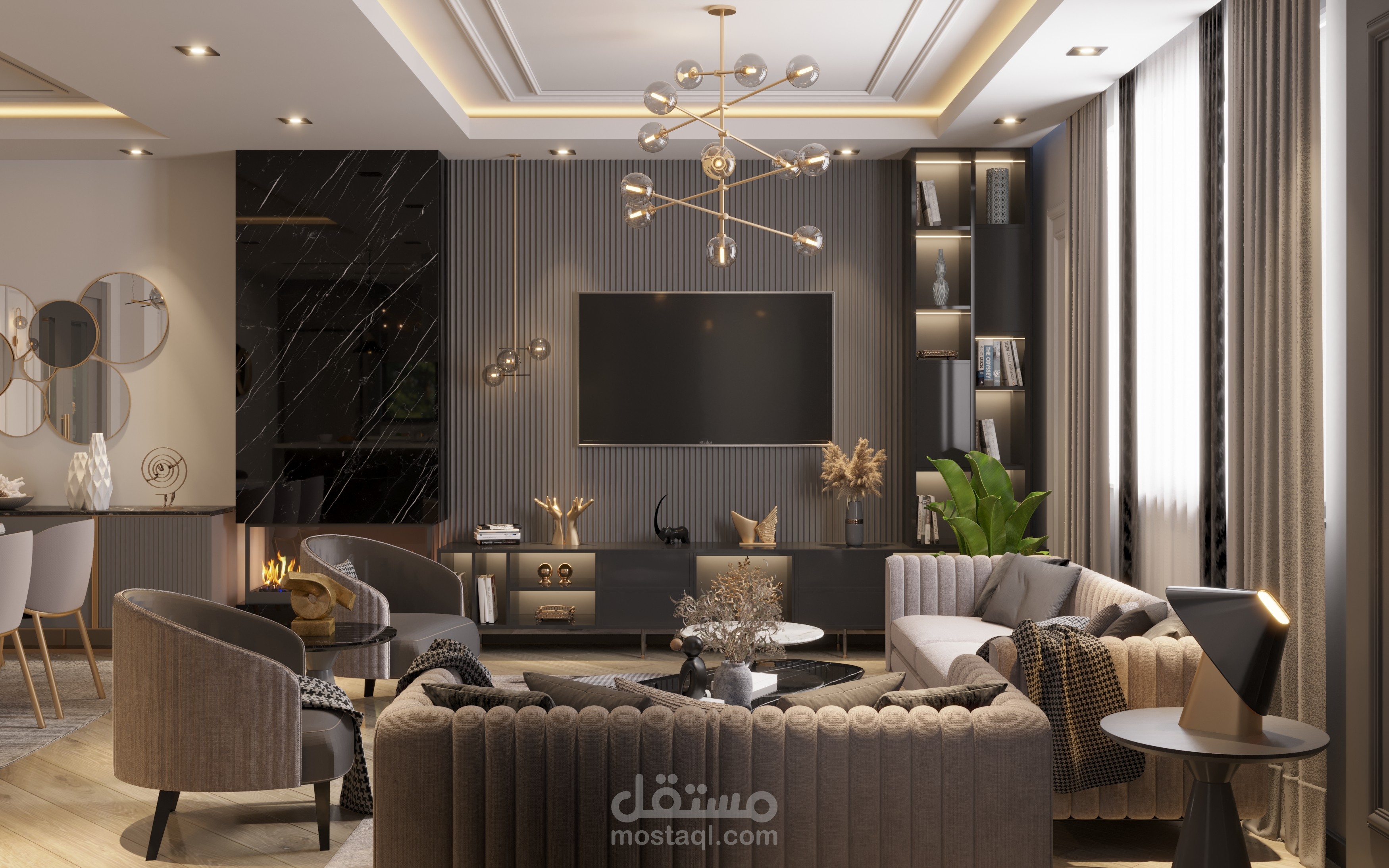 تصميم صالة مع مطبخ اميركي