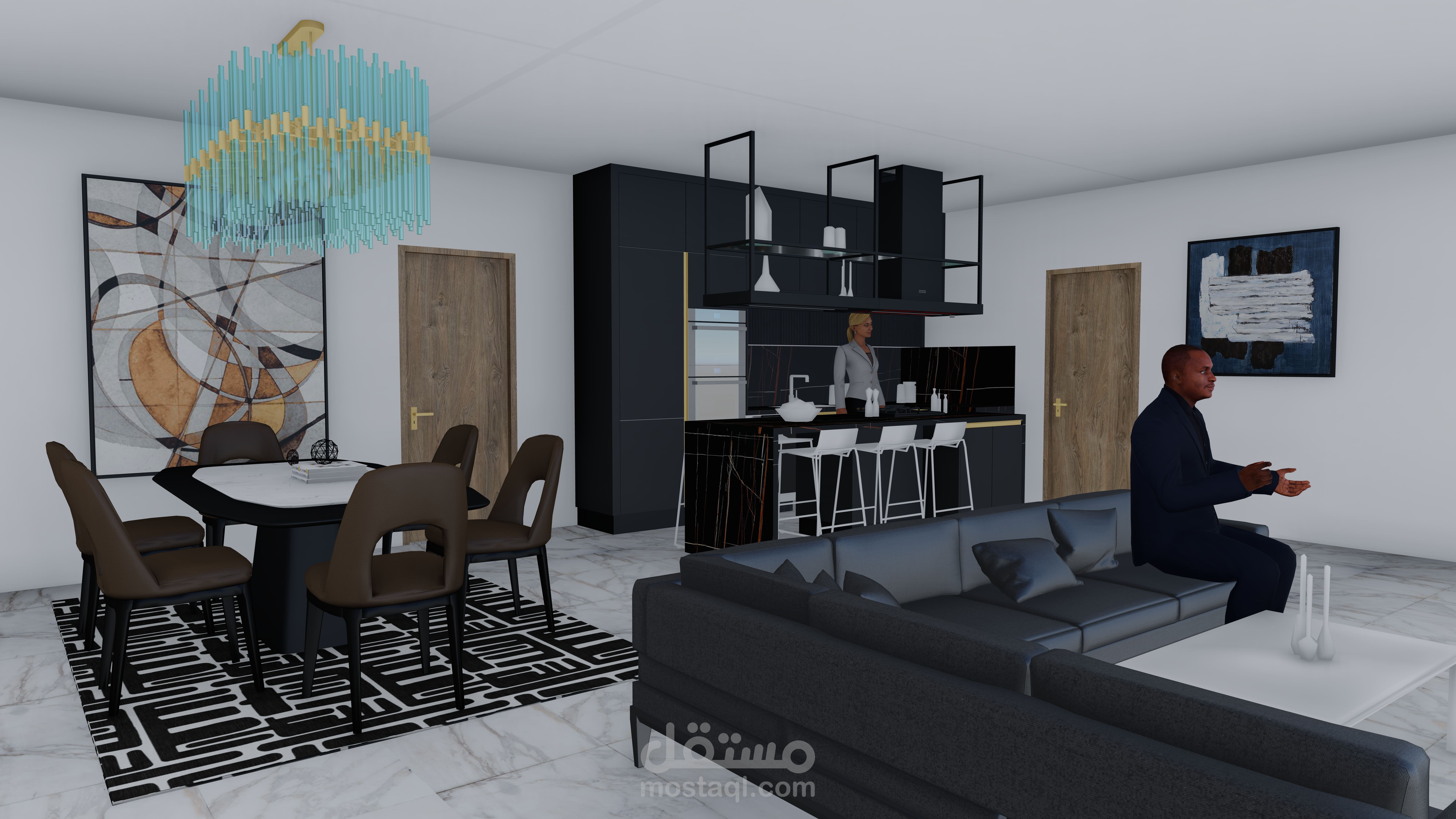 تصميم داخلي لمطبخ عصري مفتوح متكامل مع غرفة المعيشة والطعام بأسلوب أنيق ووظيفي