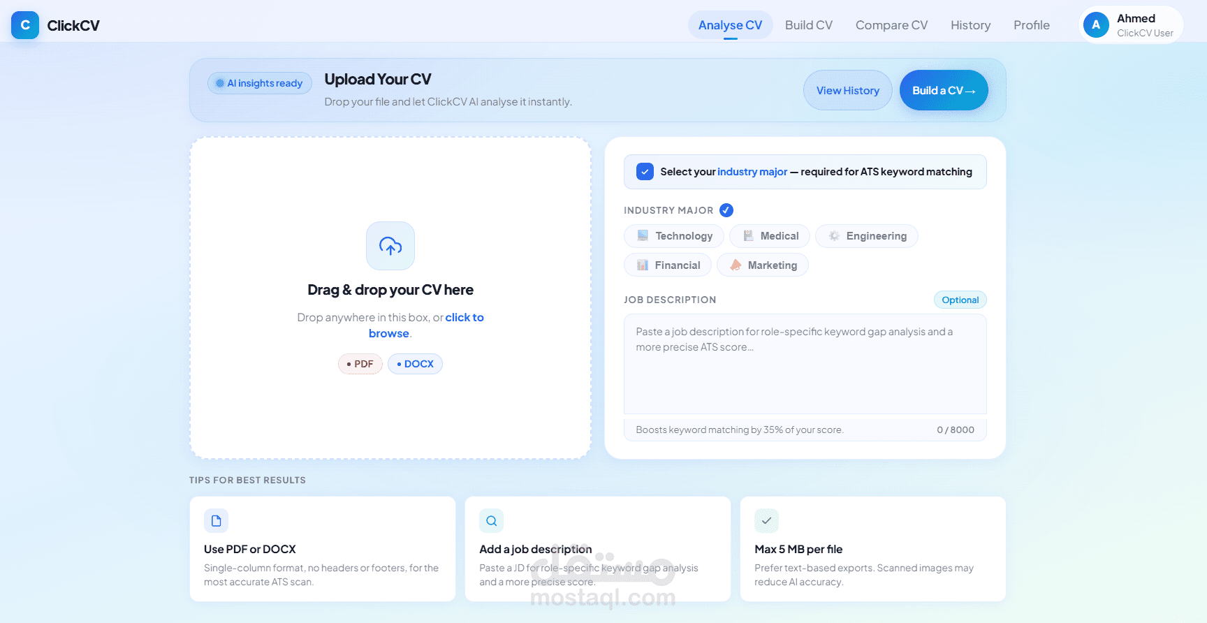 ClickCV — نظام ذكاء اصطناعي متكامل لتحليل وتحسين السيرة الذاتية