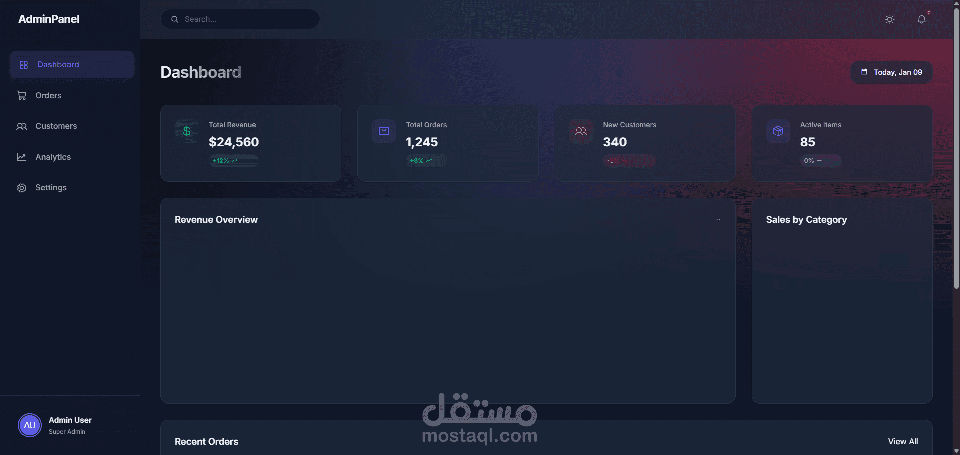 لوحة تحكم إدارية (Admin Dashboard) متكاملة لإدارة النظام