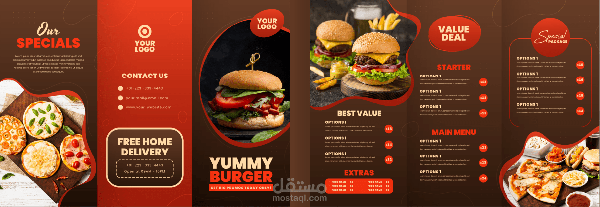 تصميم منيو مطعم احترافي (برجر – بيتزا – وجبات سريعة)