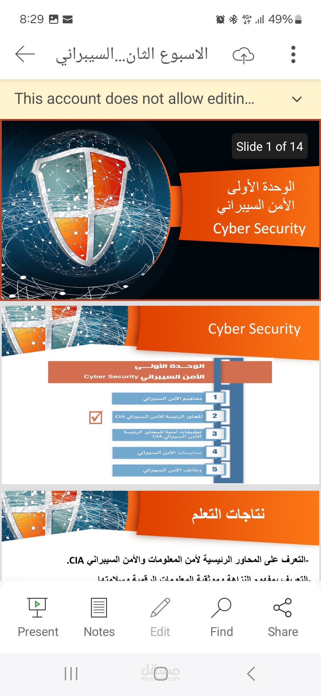 عرض تقديمي عن المحاور الرئيسية  الامن السيبراني