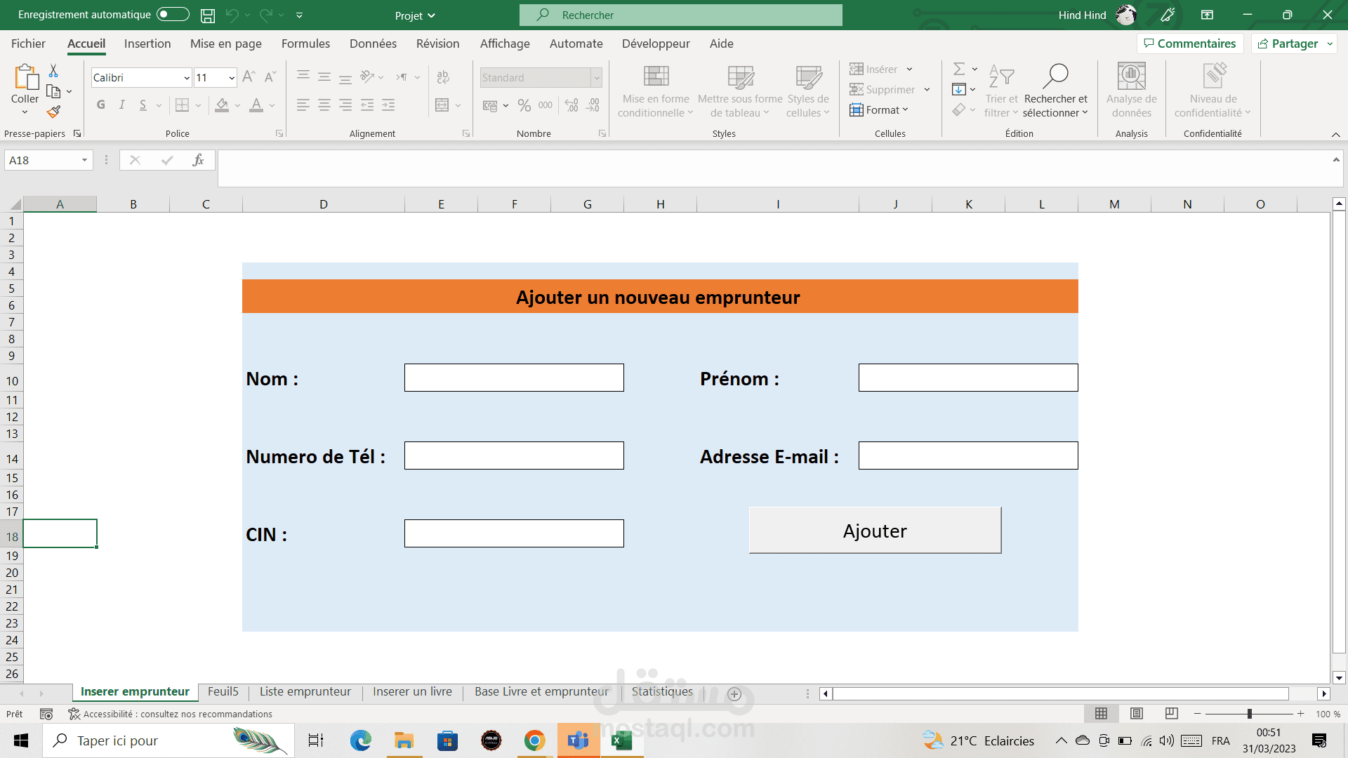 Projet bibliothèque dans l'excel