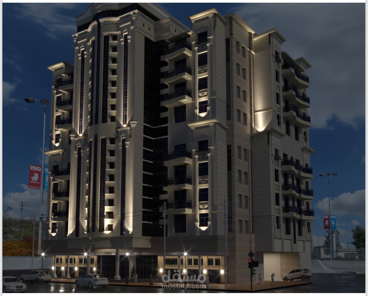 إعداد الرسومات والمخططات المعماريه والإنشائية وكذلك الواجهات واعداد الدراسات وجداول الكميات والمواصفات الخاصه والعامه للمبنى.