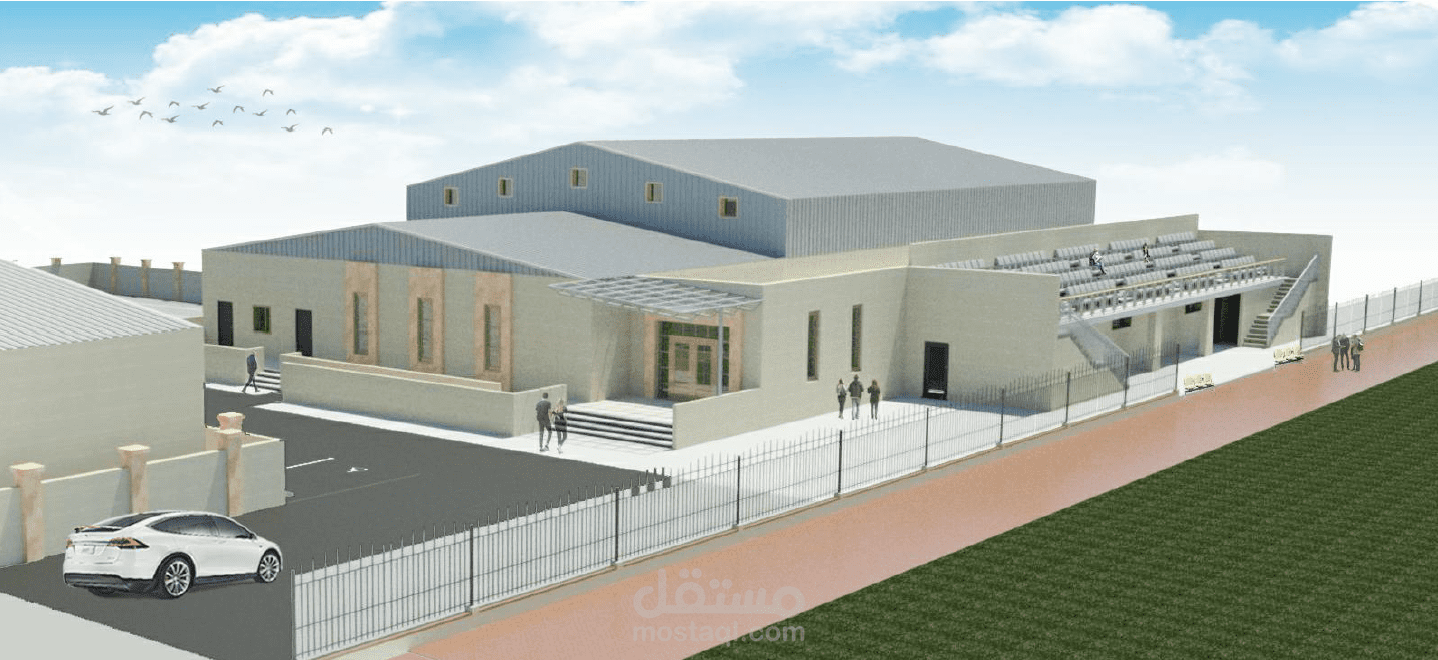 تنفيذ مشروع مسبح نصف الومبي مع مباني خدمية وهنجر معدني