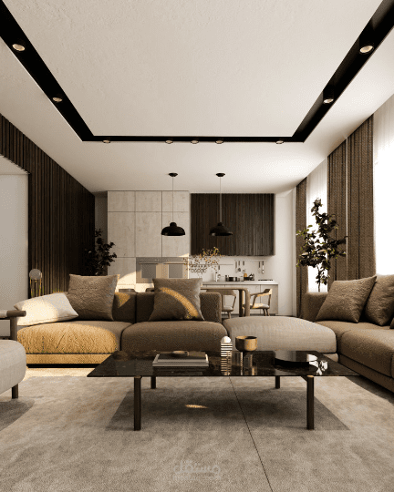 تصميم فراغ استقبال و مطبخ لاحى الوحدات السكنية
