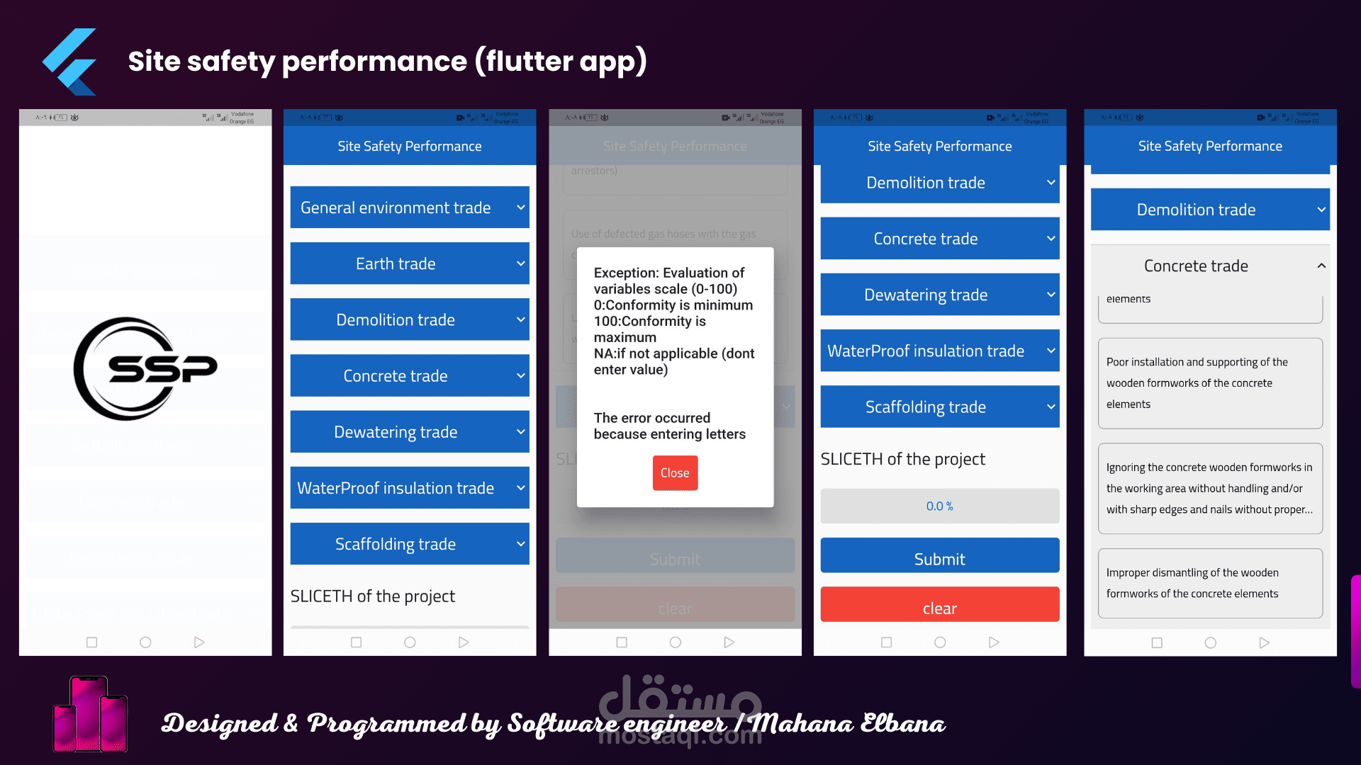 تطبيق موبيل مبرمج ب(flutter/dart) لقياس مستوي اودرجه الامان في المواقع البناء كأدة للمهندسين المدنين