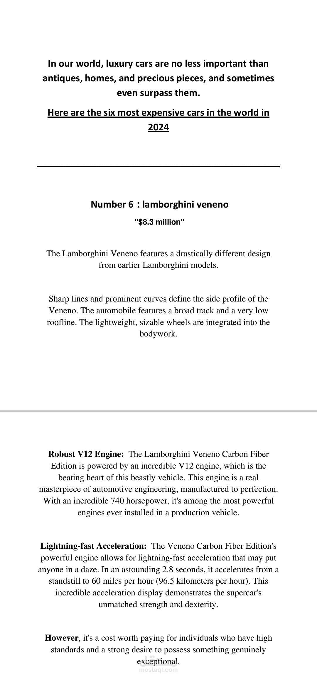 سكريبت باللغة الإنجليزية عن أغلي ٦ سيارات في العالم