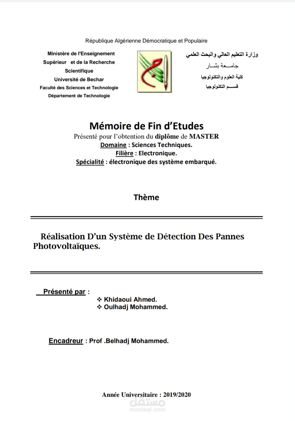 Réalisation D’un Système de Détection Des Pannes Photovoltaïque