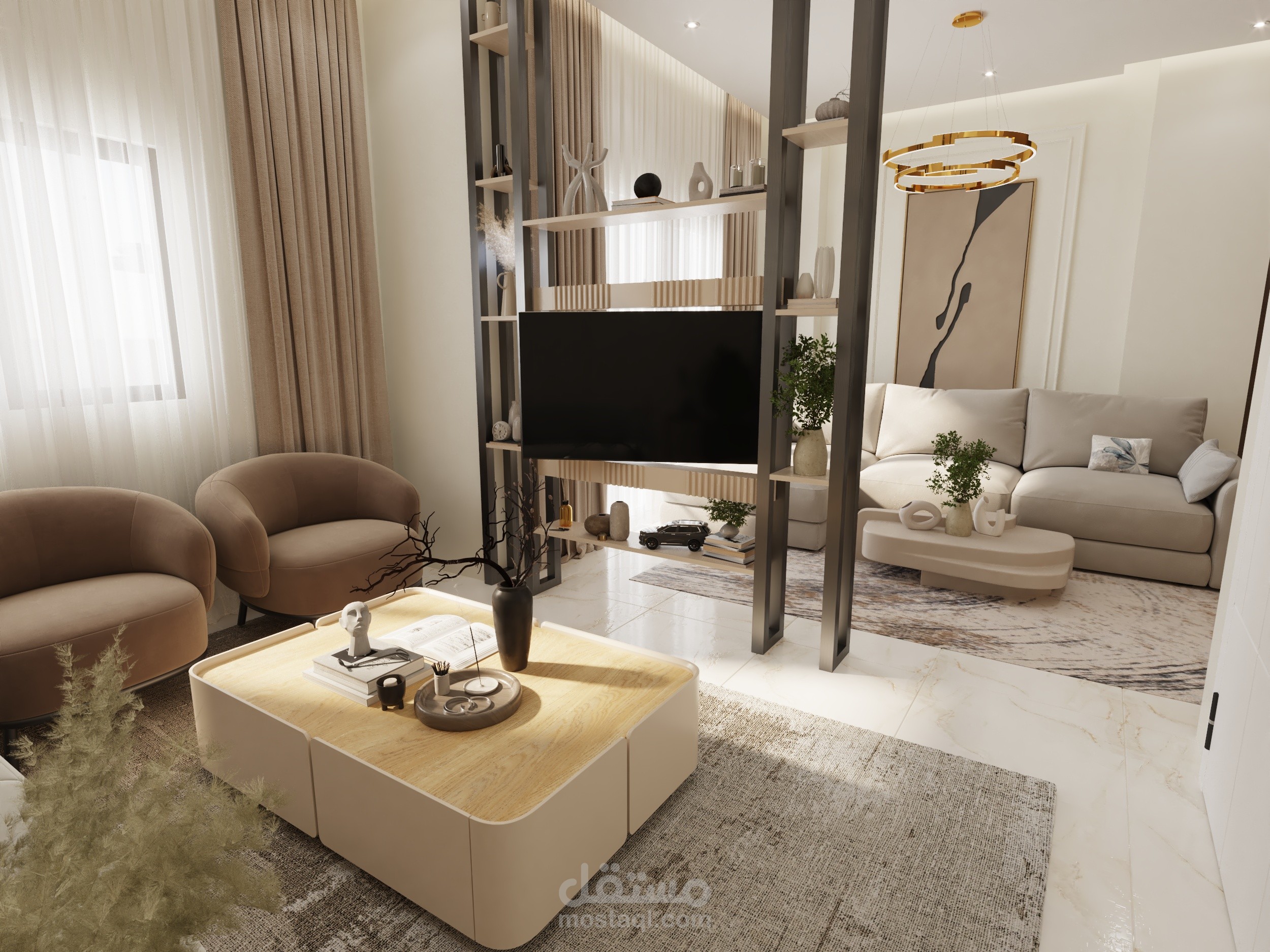 تصميم داخلي مودرن لغرفة معيشة بلمسة فندقية فاخرة