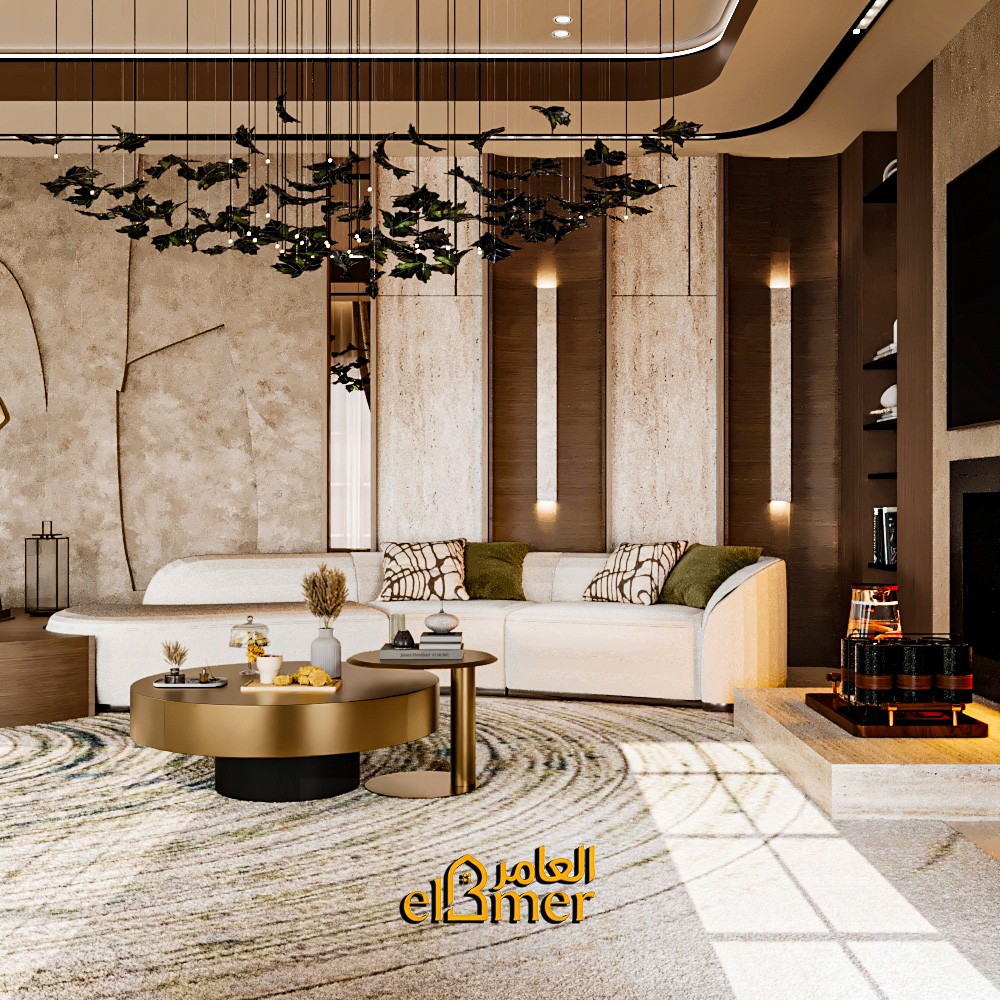 تصميم داخلي عصري لغرفة معيشة فخمة بأسلوب "الأورجانيك مودرن".