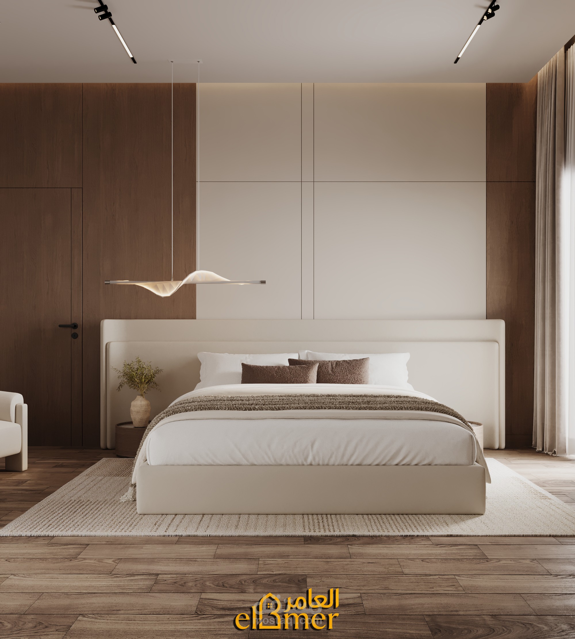 تصميم داخلي لغرفة نوم رئيسية بأسلوب عصري وألوان دافئة.