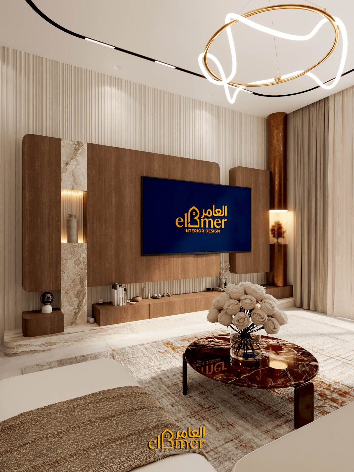 تصميم داخلي لغرفة معيشة مودرن بتجليدات خشبية وتفاصيل رخامية.
