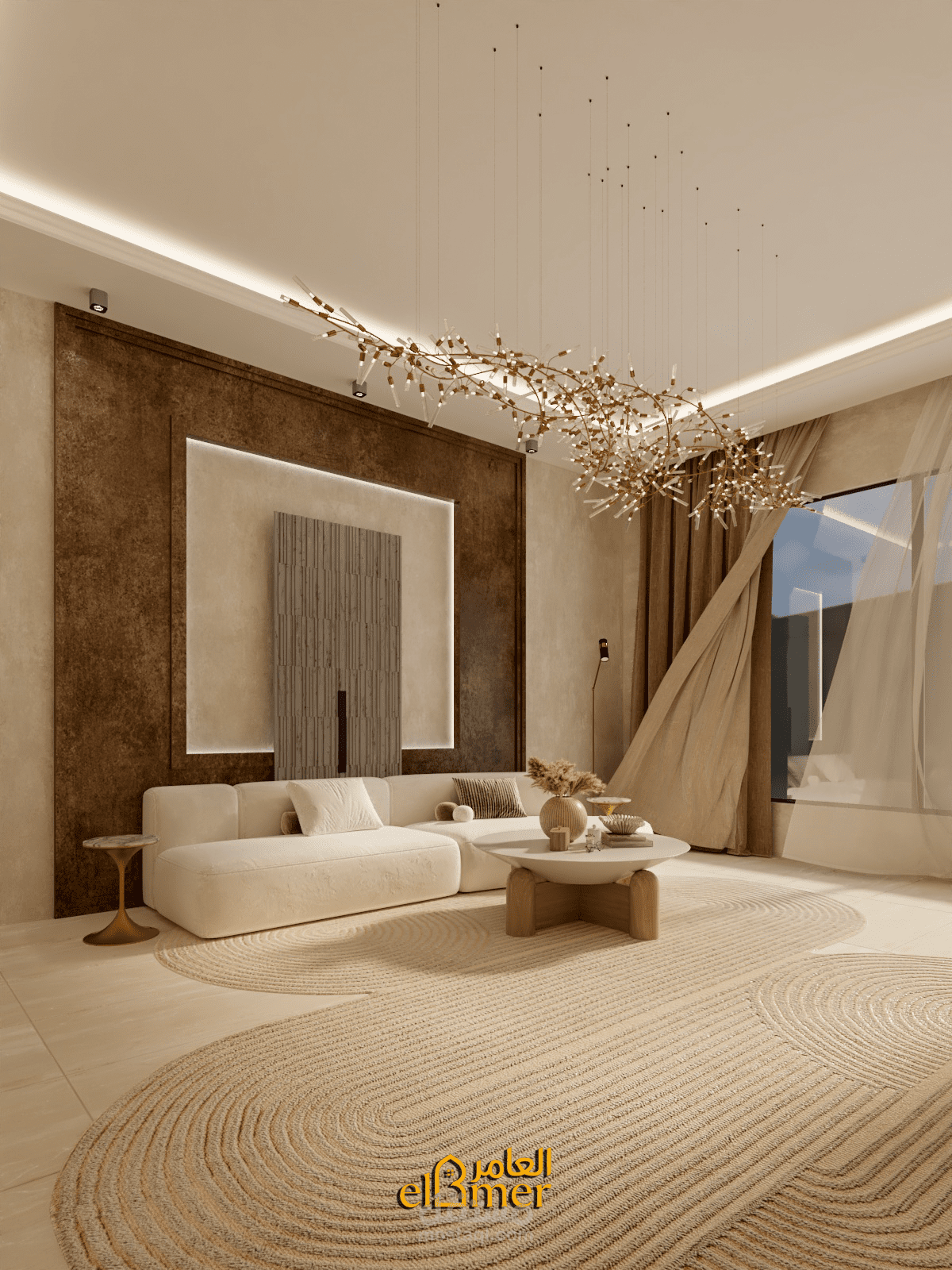 تصميم غرفة جلوس مريحة بتفاصيل جدارية مميزة وإضاءة عضوية.