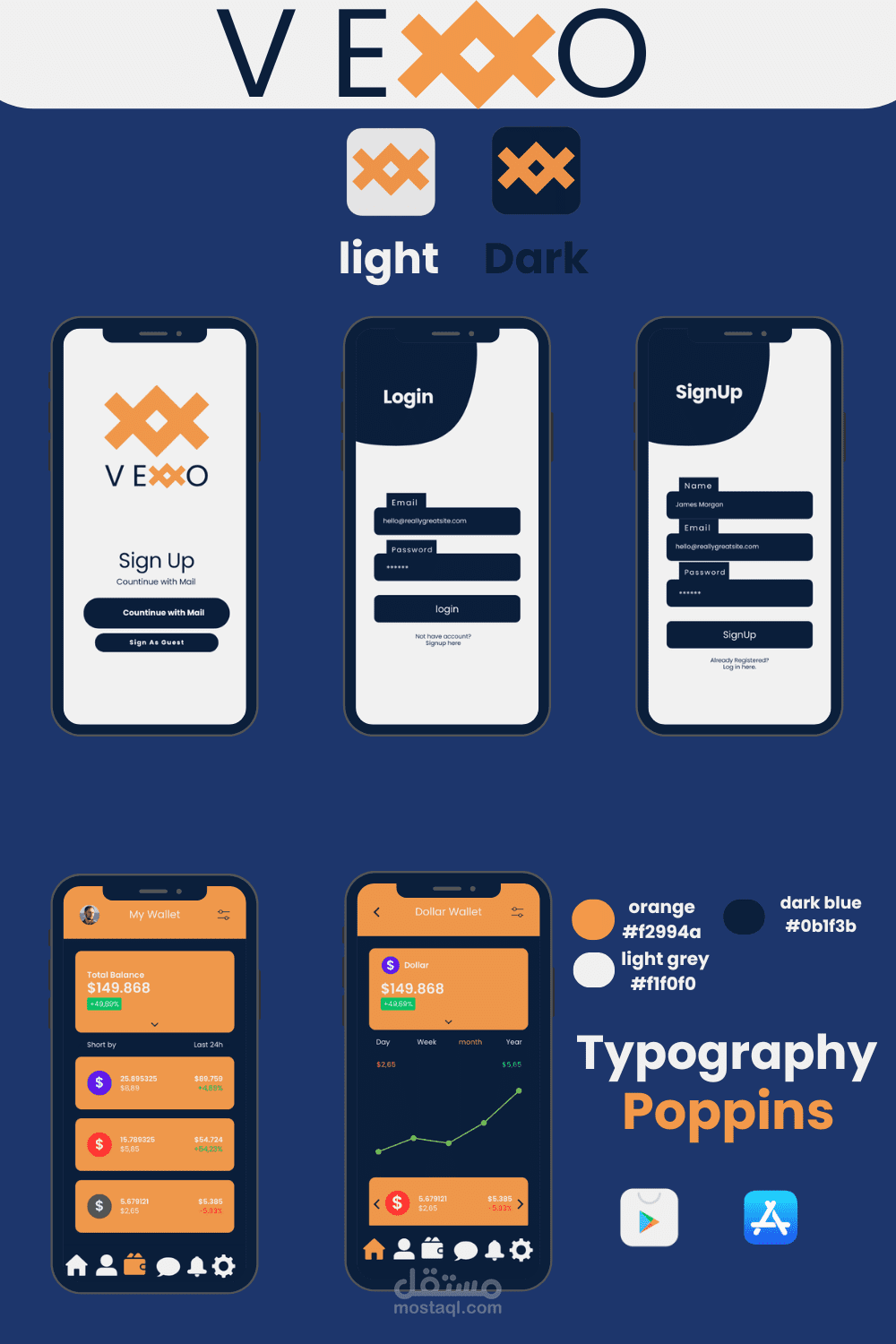 VEXXO – تصميم كامل لواجهة وتجربة مستخدم لتطبيق تداول العملات الرقمية (الوضع الفاتح والغامق)