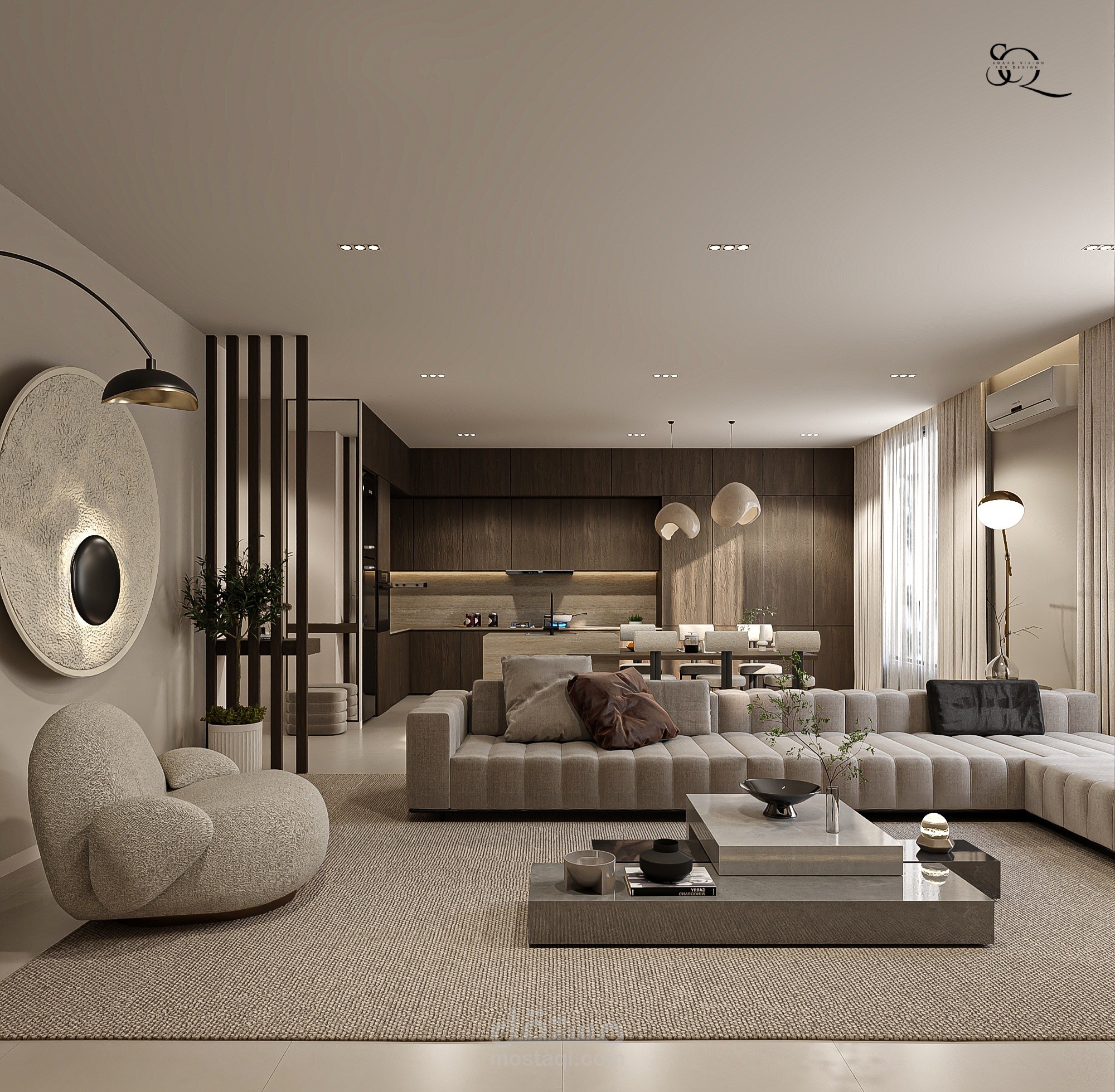 تصميم داخلي لصالة معيشة مع مطبخ